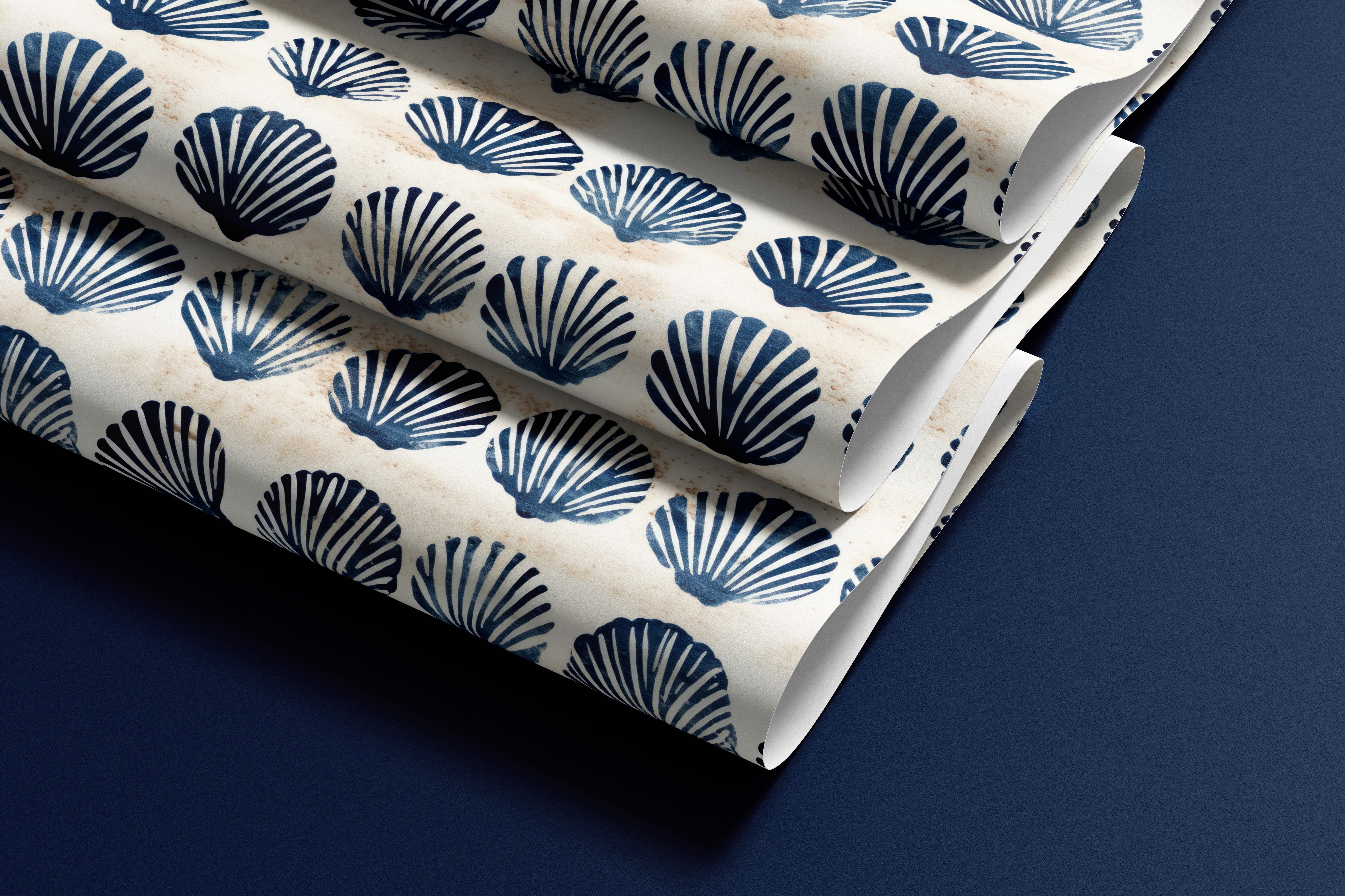 Contact paper of blue seashells on a cream background.