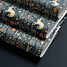 Contact paper 1858: Folded contact paper with a dark navy background featuring whimsical cream-colored rabbits, orange tulips, and scattered botanical elements in a woodland-inspired design.