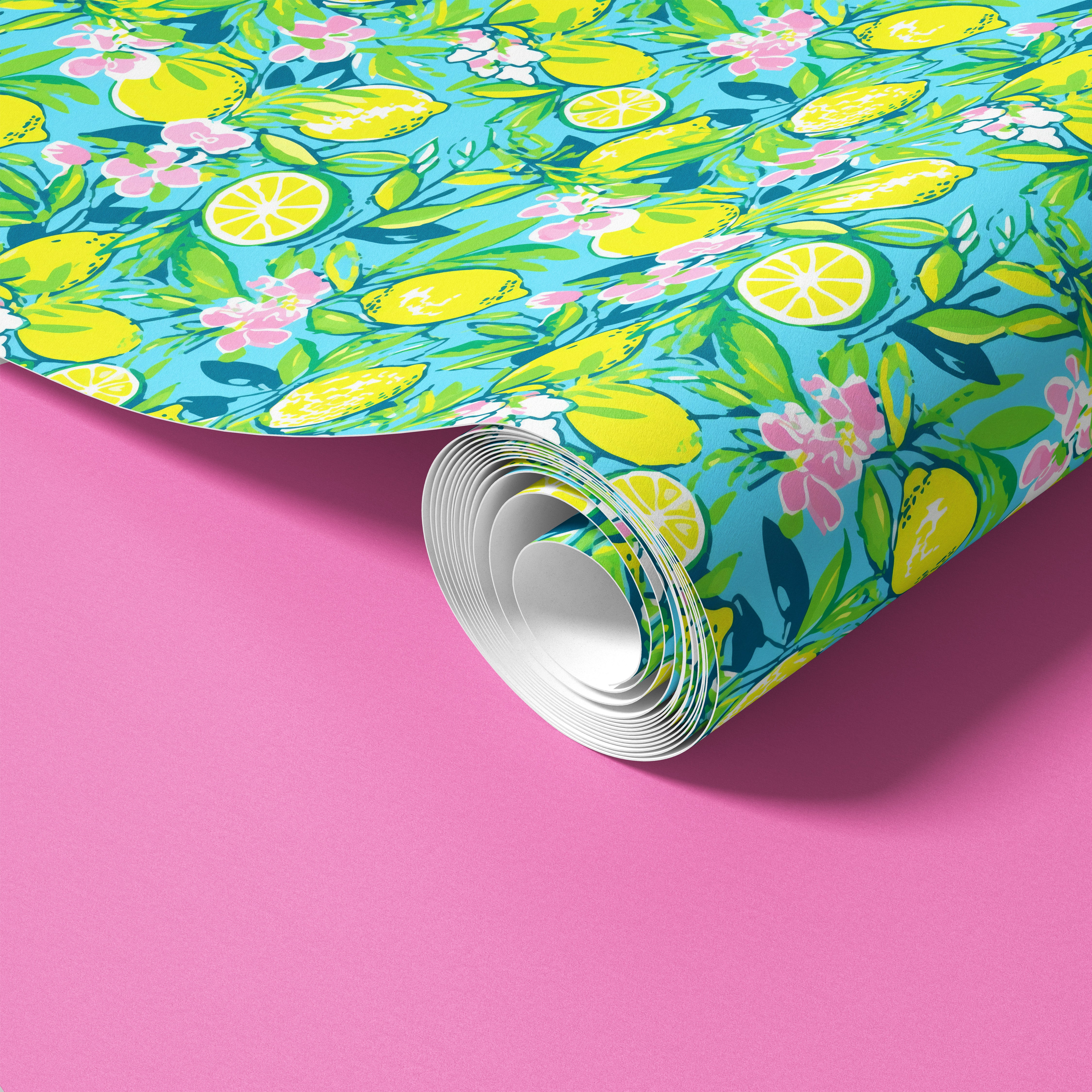 Contact paper 1863: A roll of vibrant lemon-themed contact paper featuring bright yellow lemons, lush green leaves, and delicate pink blossoms on a bold turquoise background.