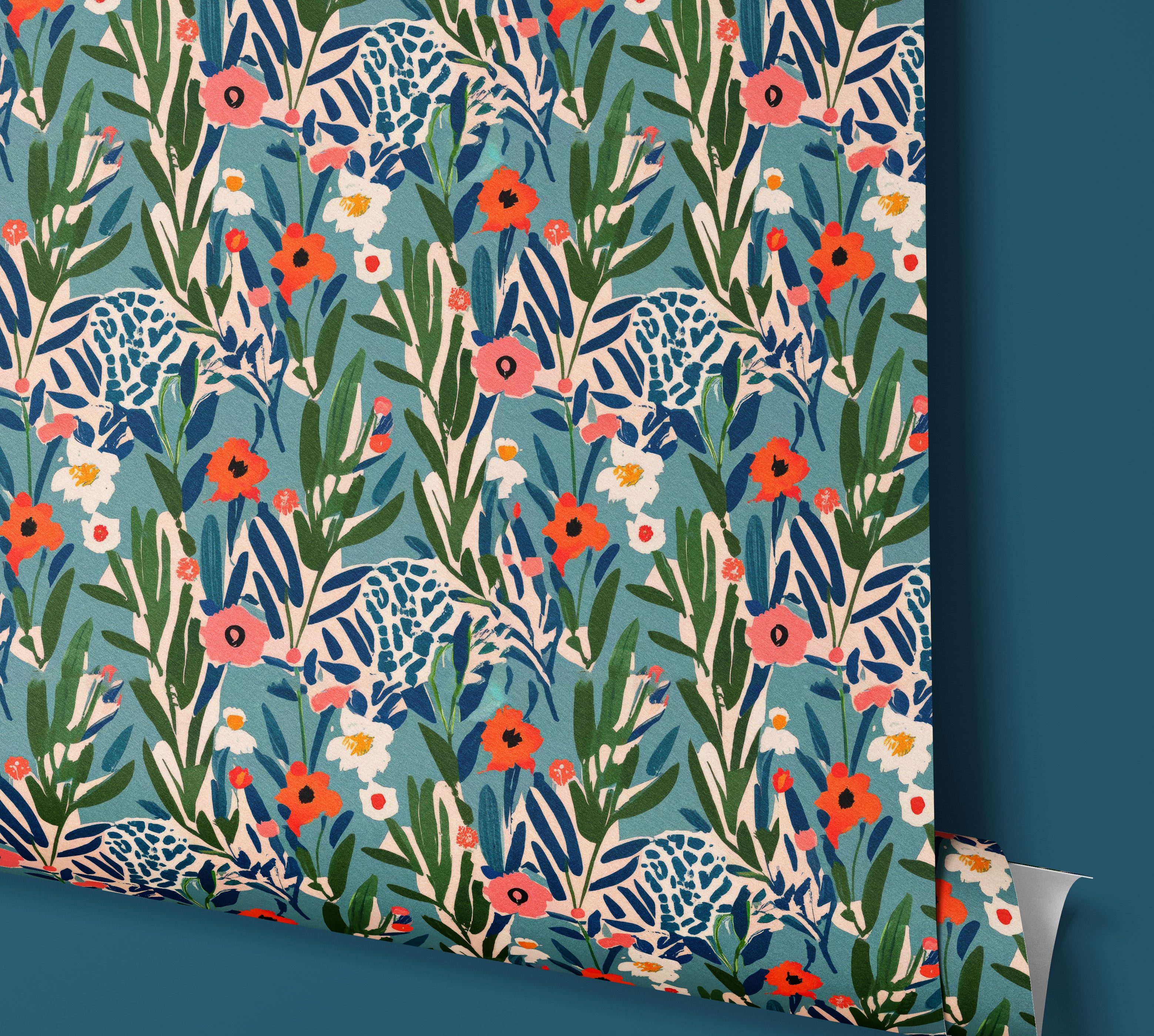 Contact paper 1864: A roll of vibrant botanical contact paper featuring hand-drawn flowers, lush green leaves, and abstract patterns on a deep teal background, creating a lively and artistic floral aesthetic.