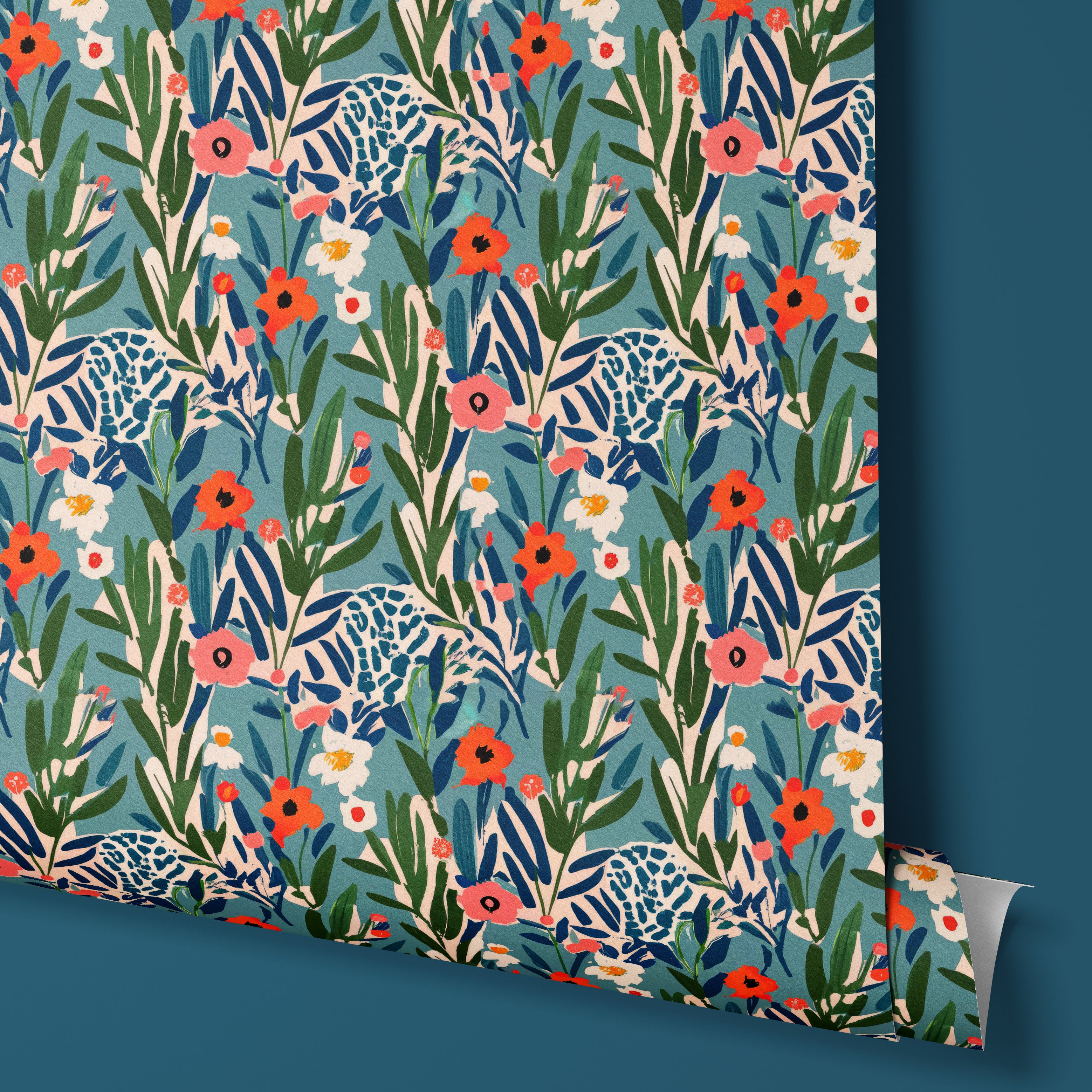Contact paper 1864: A roll of vibrant botanical contact paper featuring hand-drawn flowers, lush green leaves, and abstract patterns on a deep teal background, creating a lively and artistic floral aesthetic.
