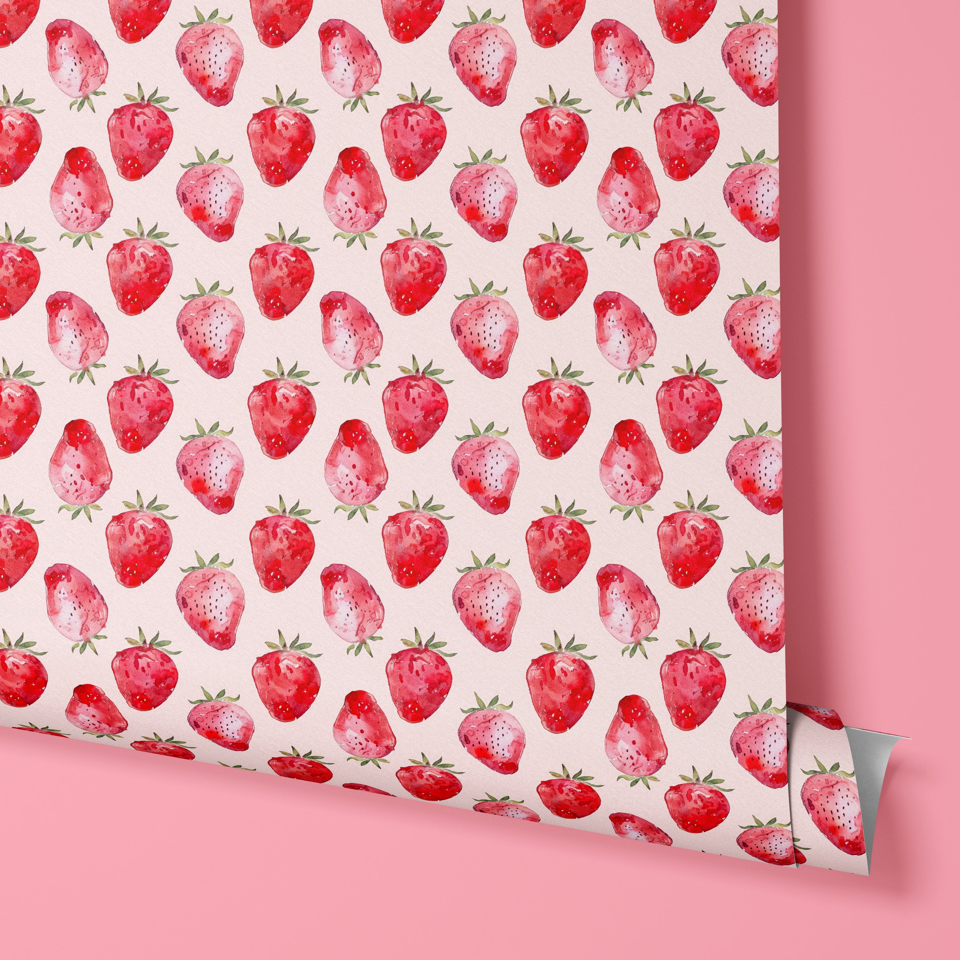 Contact paper 1865: A roll of watercolor strawberry contact paper featuring vibrant red berries on a soft cream background. A fresh and playful peel-and-stick design perfect for kitchens, furniture makeovers, and accent walls.