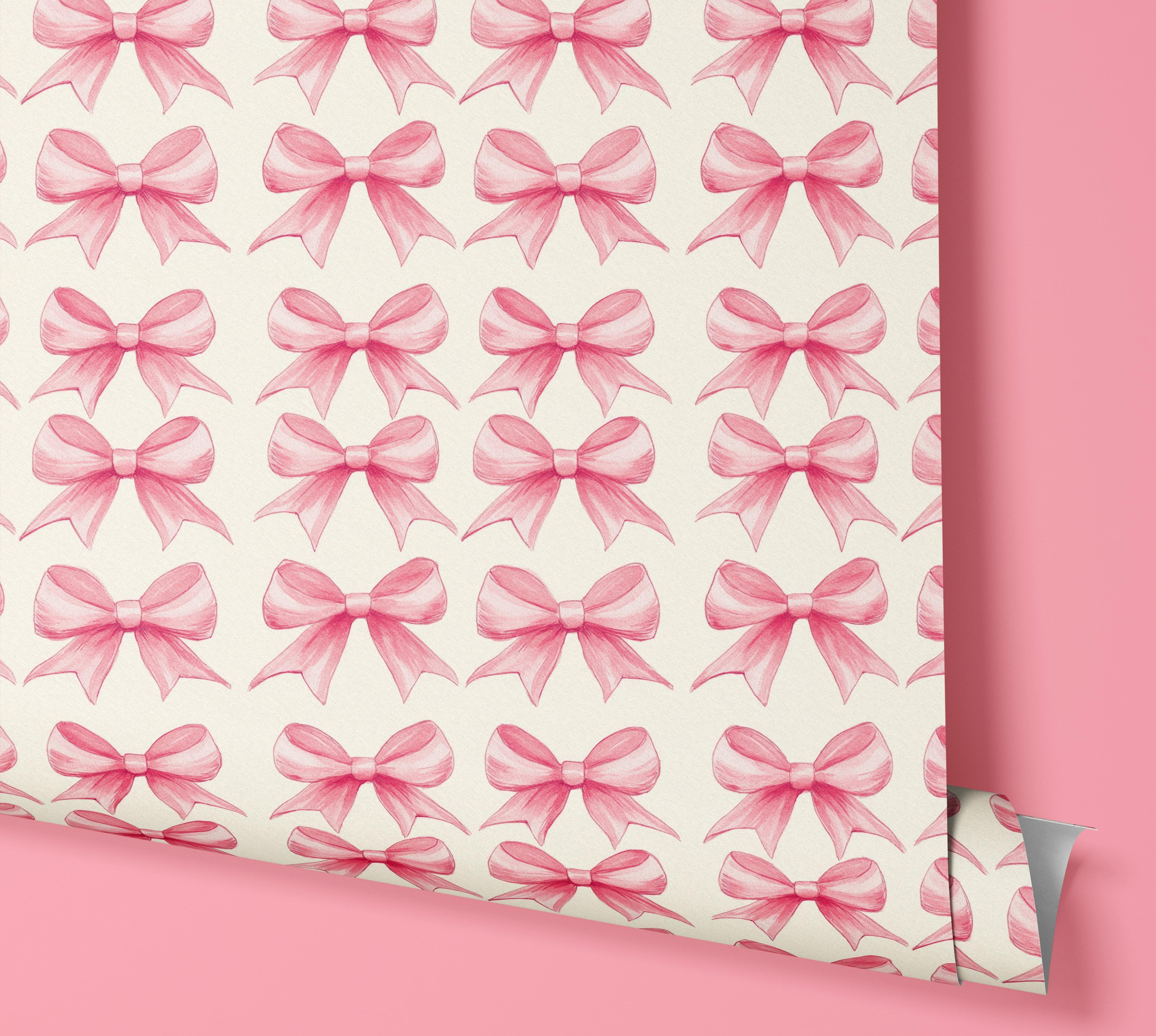Contact Paper 1866: A roll of soft pink contact paper featuring delicate hand-drawn bows on a warm cream background, creating a whimsical and feminine aesthetic perfect for a girly space.