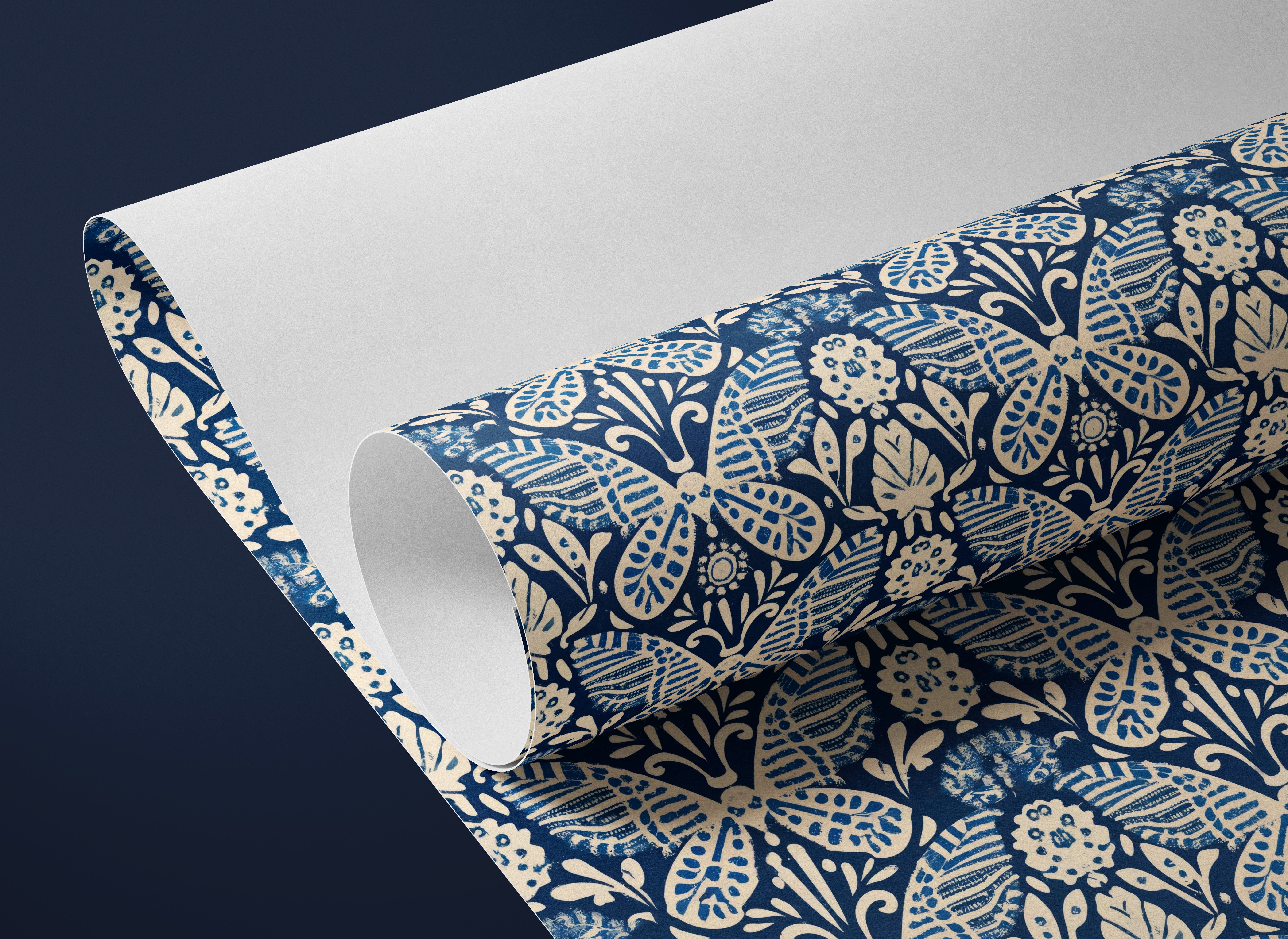 Contact paper 1867: A roll of indigo contact paper featuring an intricate hand-drawn butterfly and floral motif on a deep blue background, creating a vintage folk art aesthetic.