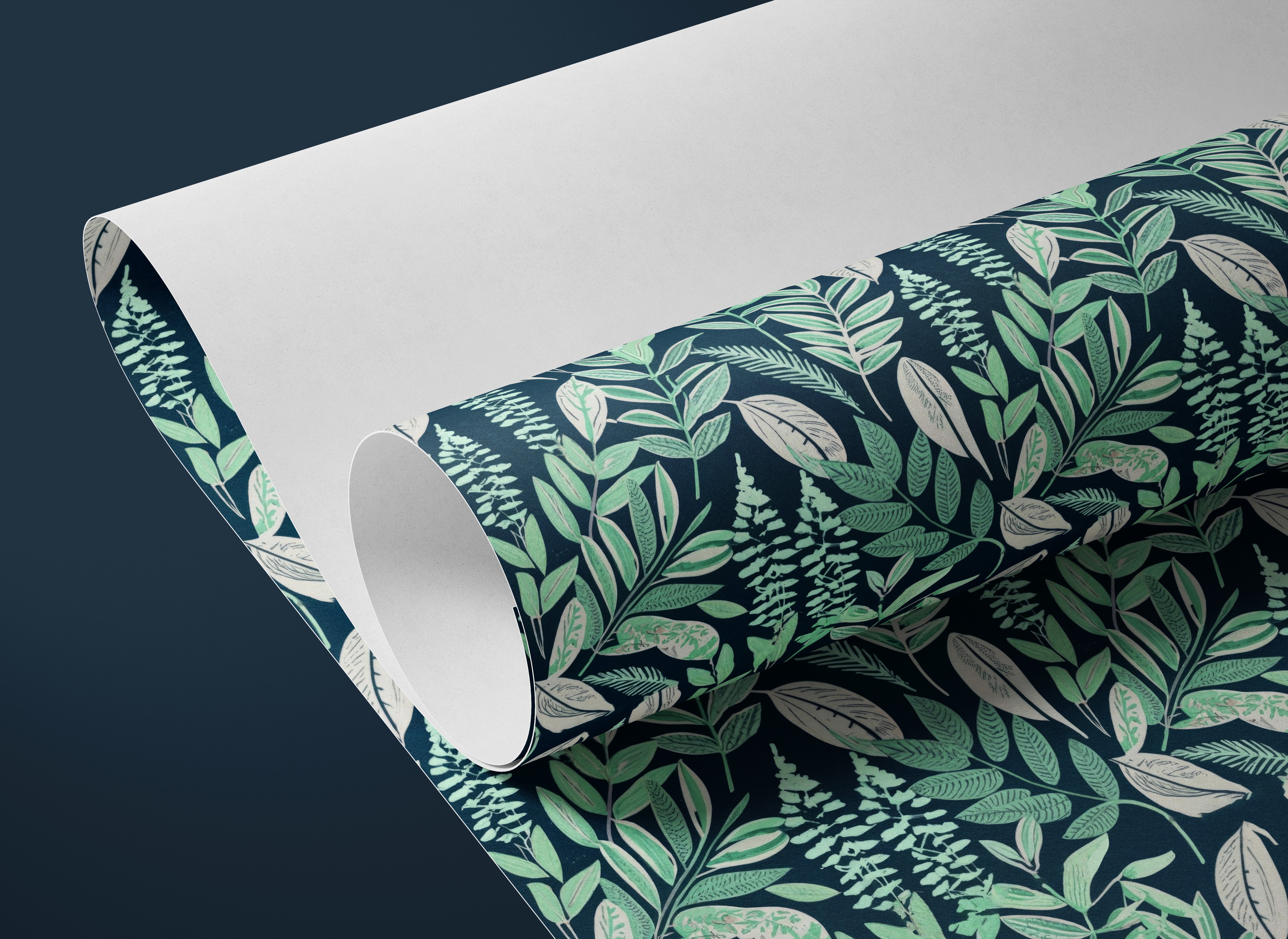 Contact paper 1868: A roll of dark green contact paper featuring a rich botanical pattern with hand-drawn leaves, ferns, and vines on a deep midnight blue background, creating an elegant and nature-inspired aesthetic.