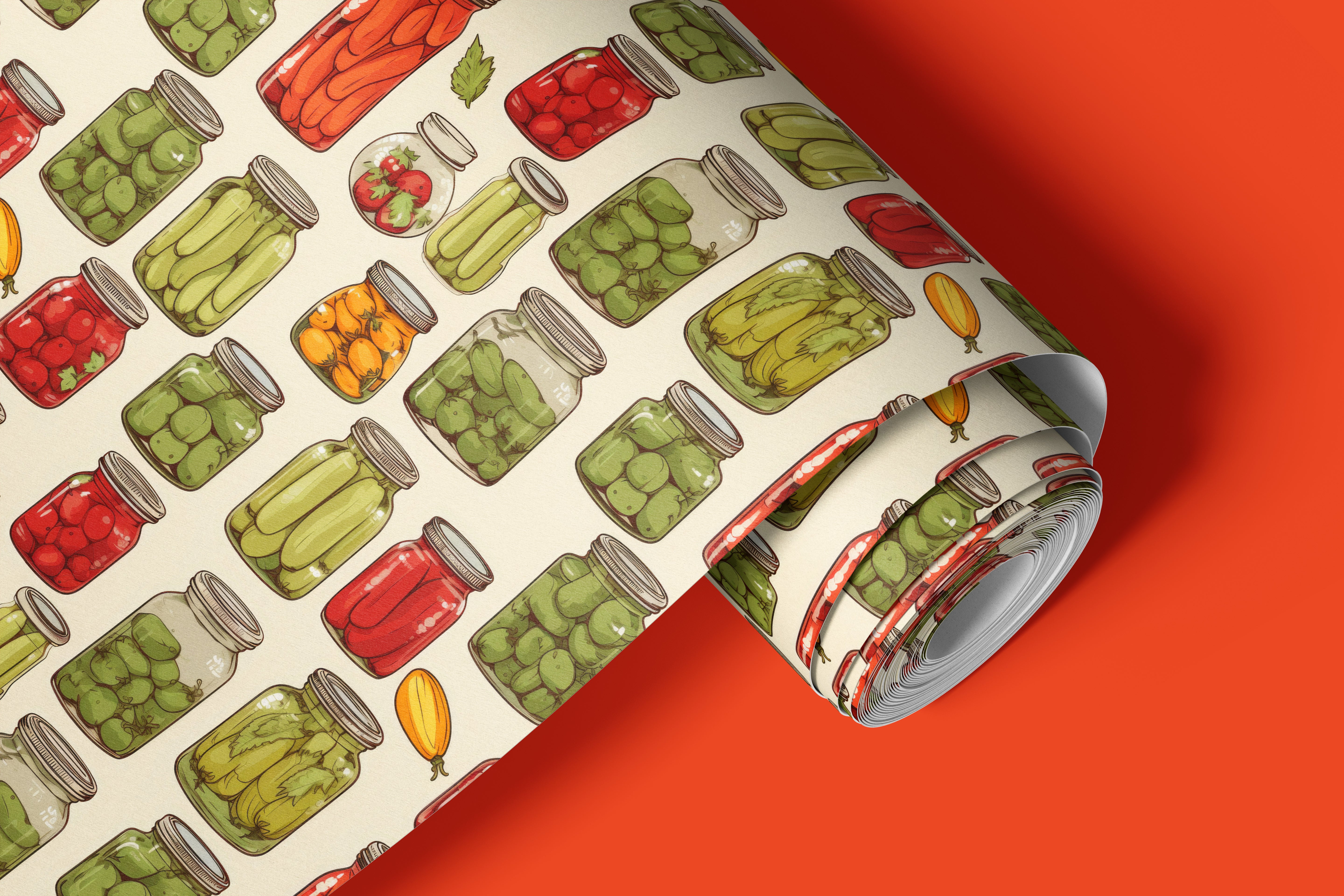 Contact paper 1872: A roll of retro-inspired contact paper featuring hand-drawn pickled jars filled with cucumbers, tomatoes, peppers, and other preserved vegetables, set against a warm cream background for a cozy farmhouse kitchen feel.