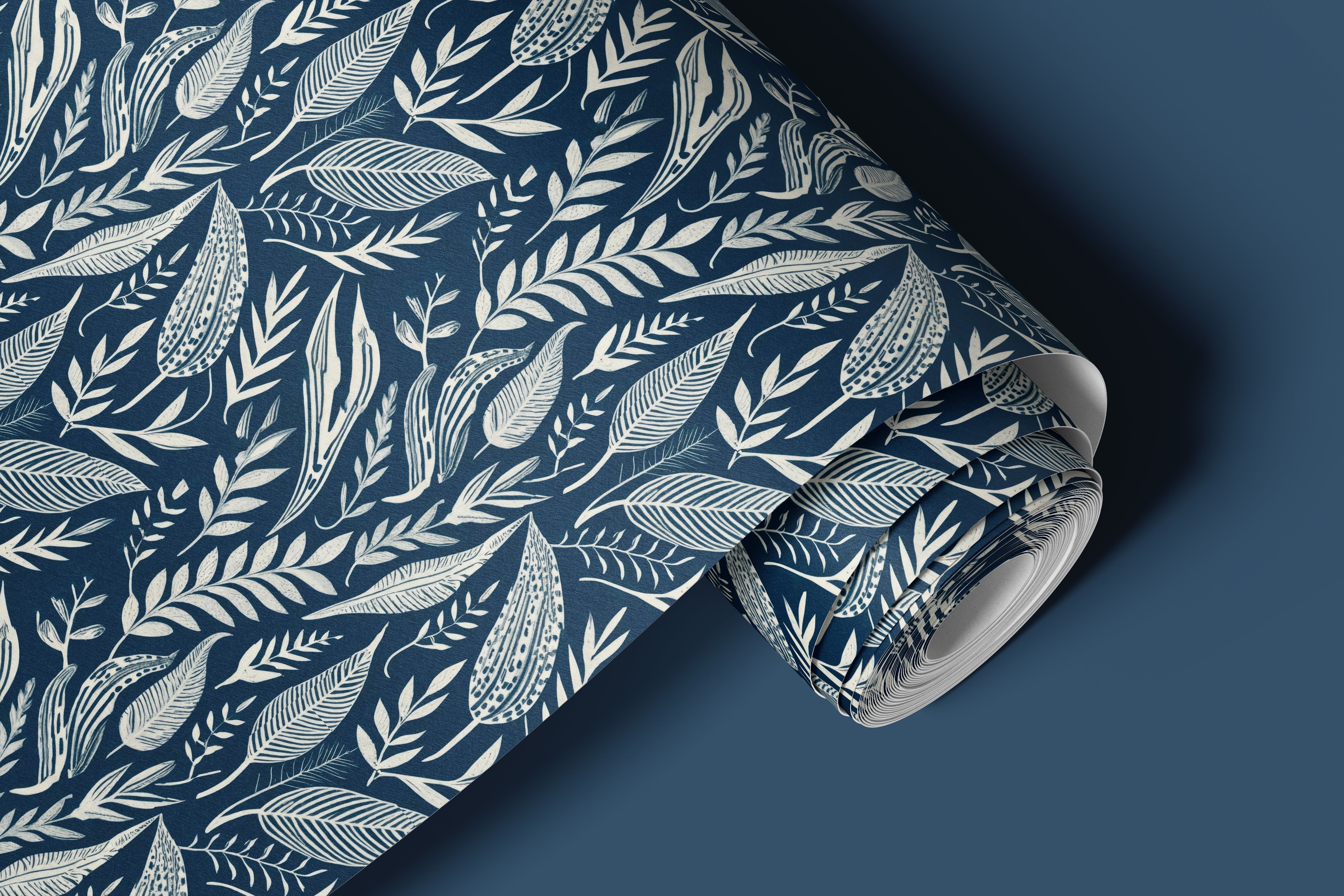 Contact 1873: A roll of navy blue contact paper featuring intricate hand-drawn white botanical leaves and vines, creating a modern yet timeless nature-inspired aesthetic.