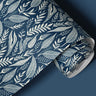Contact 1873: A roll of navy blue contact paper featuring intricate hand-drawn white botanical leaves and vines, creating a modern yet timeless nature-inspired aesthetic.