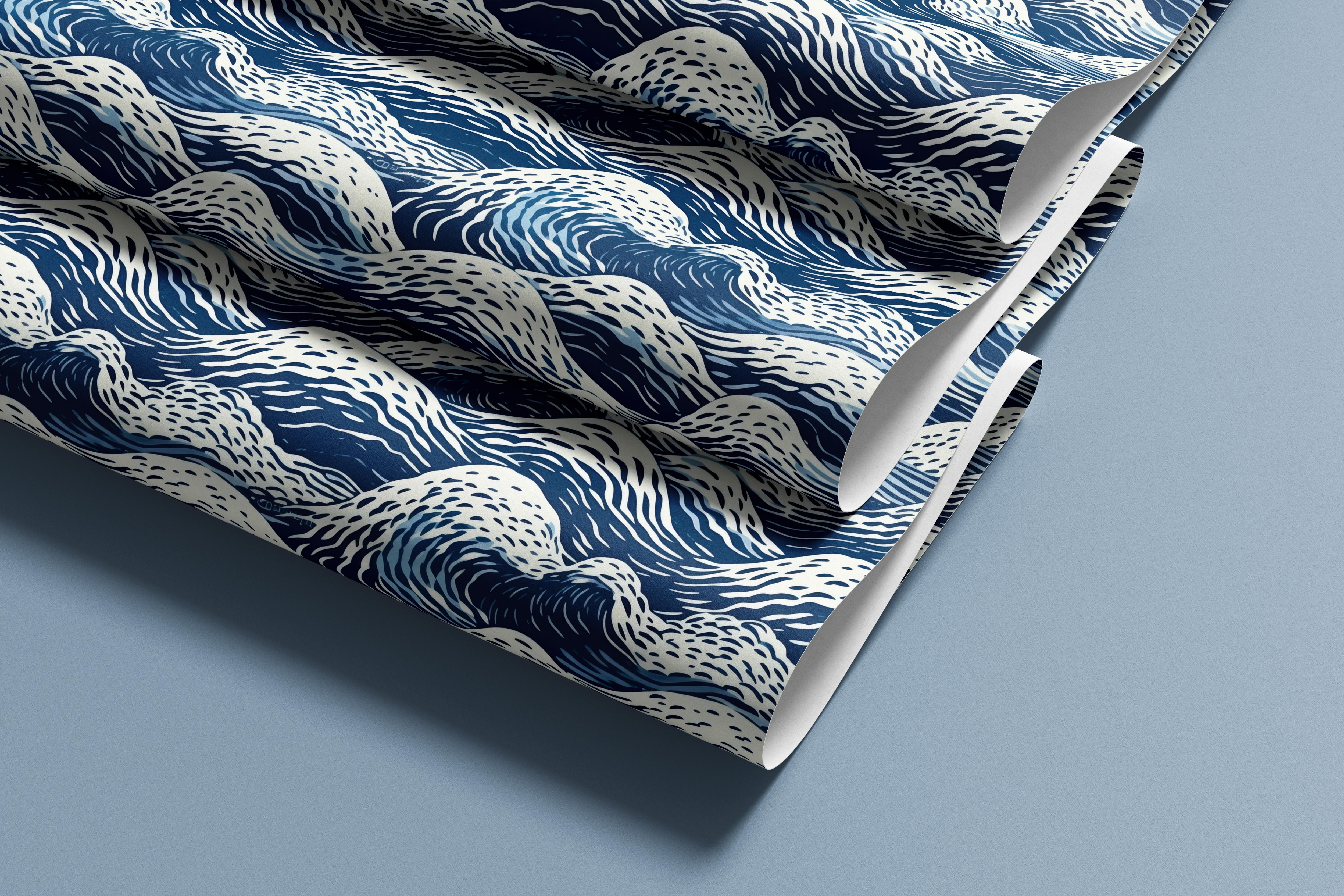 Contact paper 1891: A roll of deep navy blue contact paper featuring hand-drawn ocean waves in a flowing, abstract style, inspired by Japanese wave art, perfect for nautical and coastal interiors.