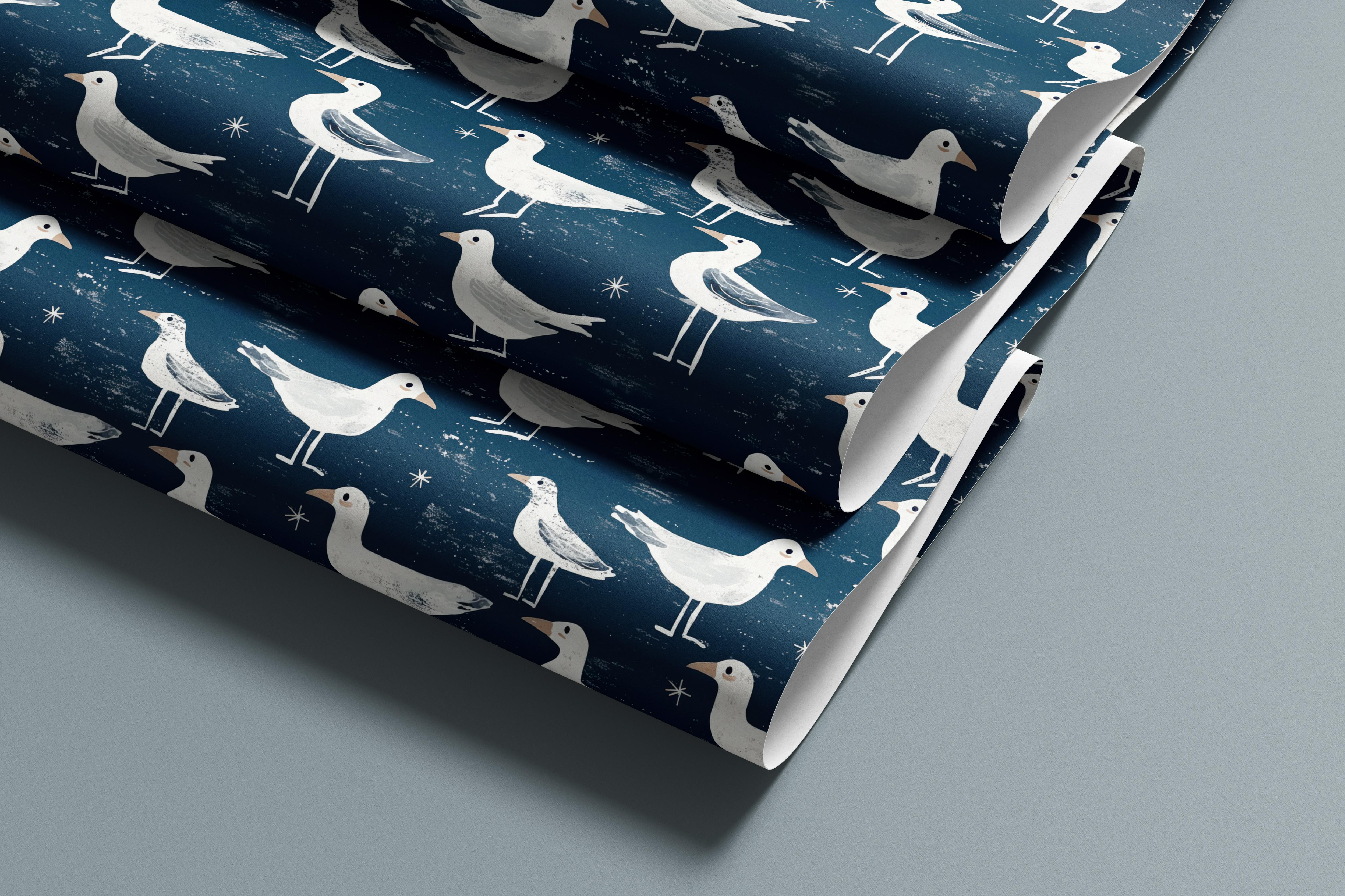 Contact paper 1892: A roll of deep navy blue wallpaper featuring white seagulls and small star accents, evoking a rustic coastal and nautical theme, perfect for beach-inspired interiors.