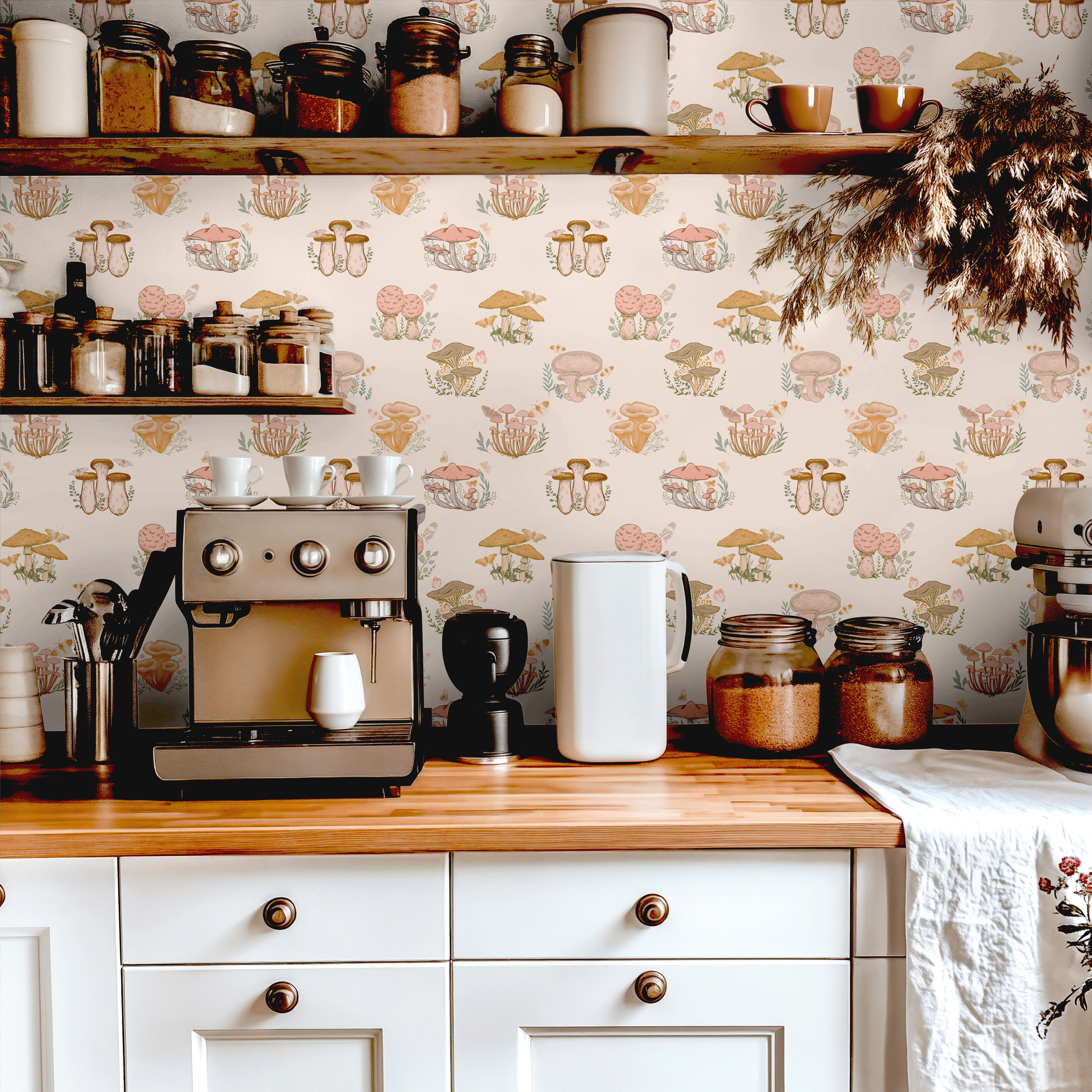 Wallpaper 1901?: Rustic cottagecore mushroom wallpaper featuring hand-illustrated fungi and botanical elements in warm earthy tones, creating a cozy and inviting nature-inspired kitchen wall covering.