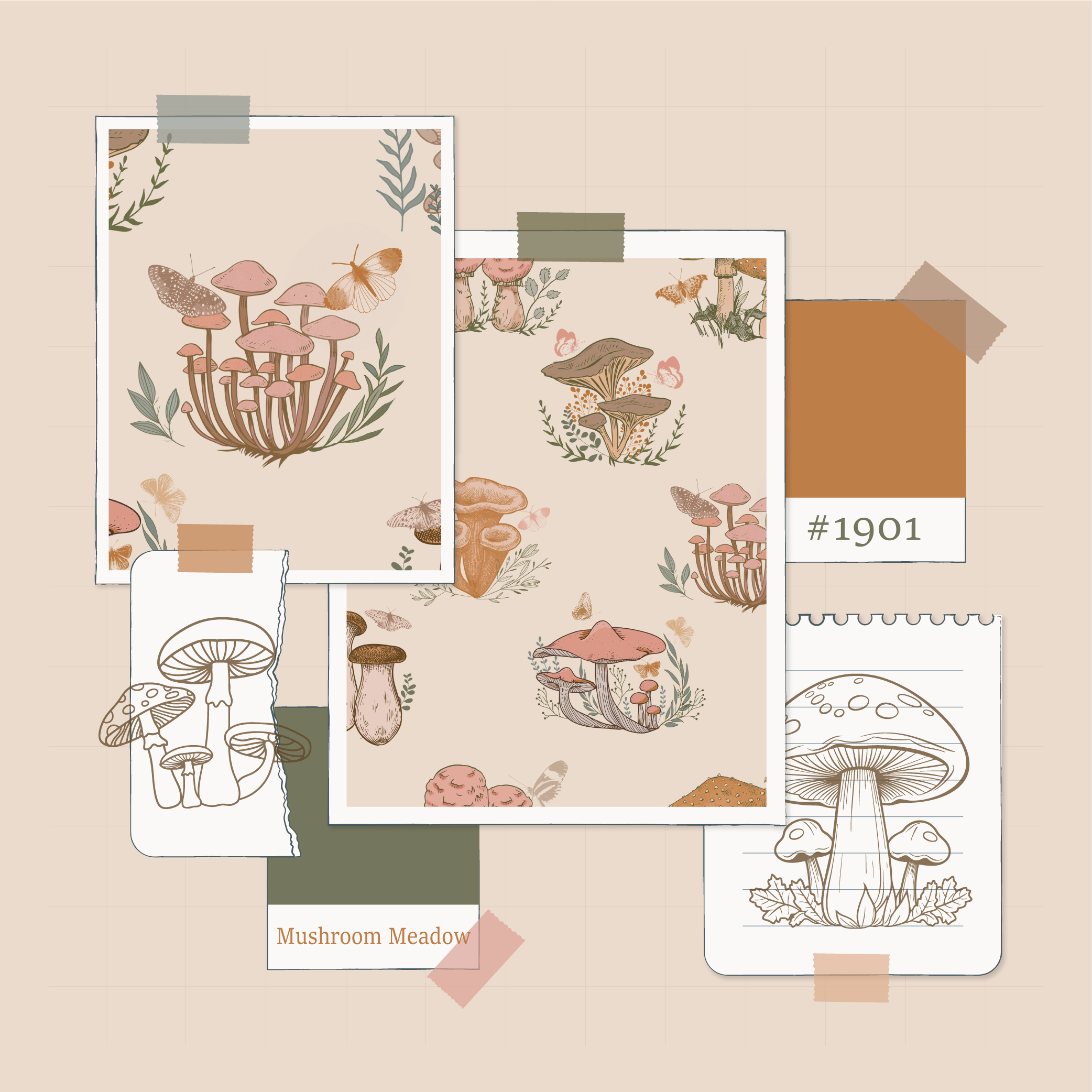 Mushroom Meadow | Muted Woodland Removable Wallpaper for Kitchen, Bedrooms, Doors, Walls, DIY Home Decor 1901 - James And Colors