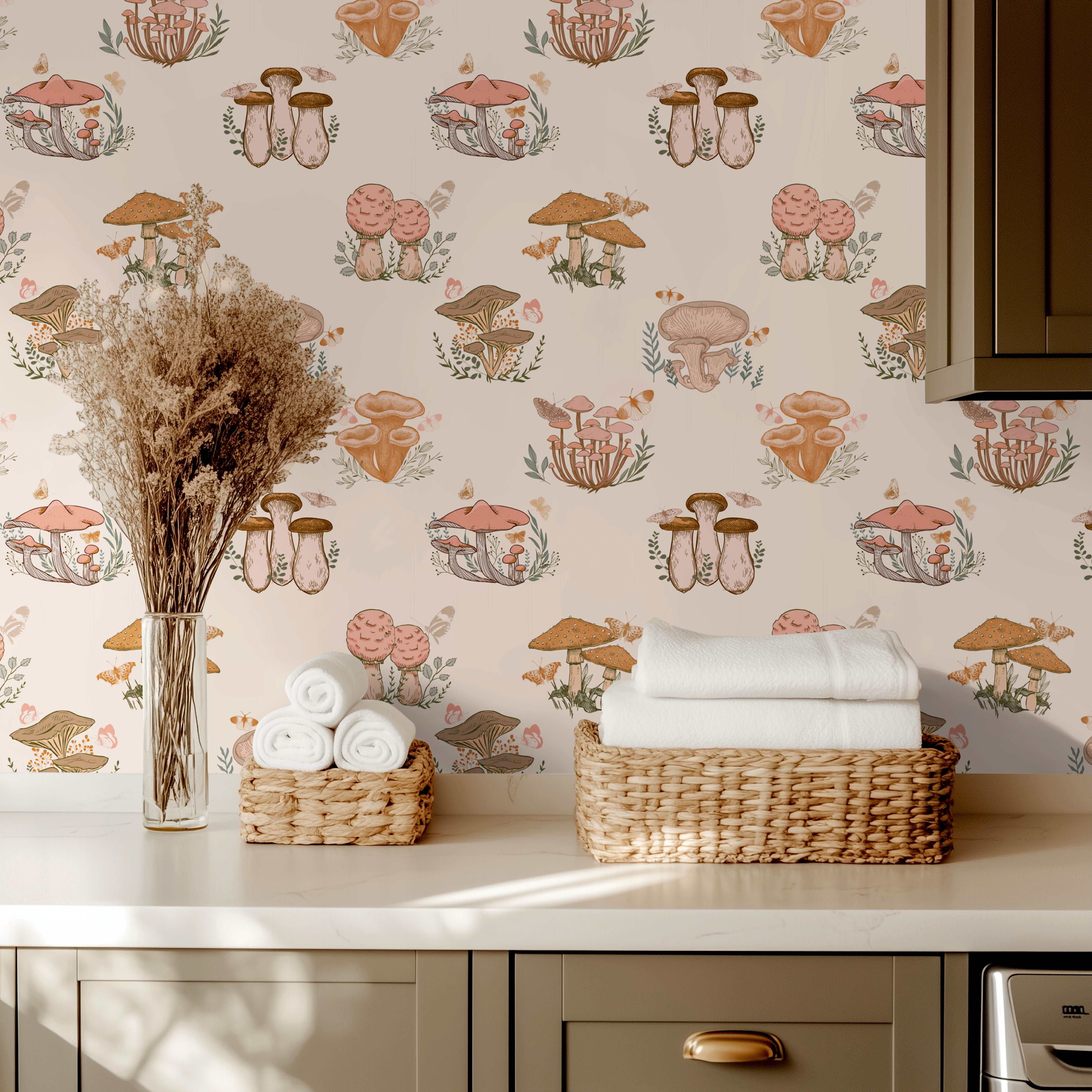 Mushroom Meadow | Muted Woodland Removable Wallpaper for Kitchen, Bedrooms, Doors, Walls, DIY Home Decor 1901 - James And Colors