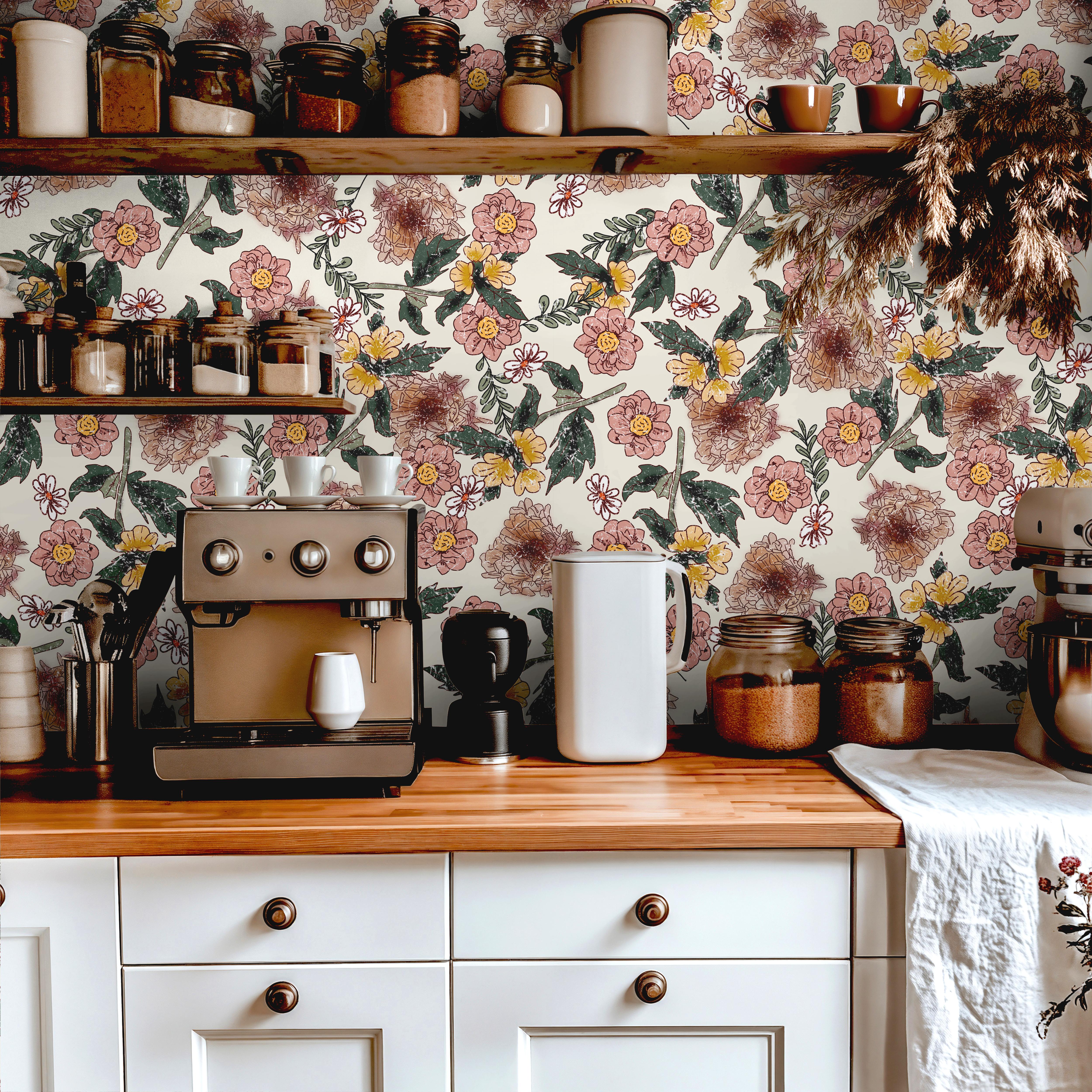 Vintage floral wallpaper featuring distressed roses, daisies, and lush green leaves on a warm cream background, perfect for farmhouse and shabby chic interiors.