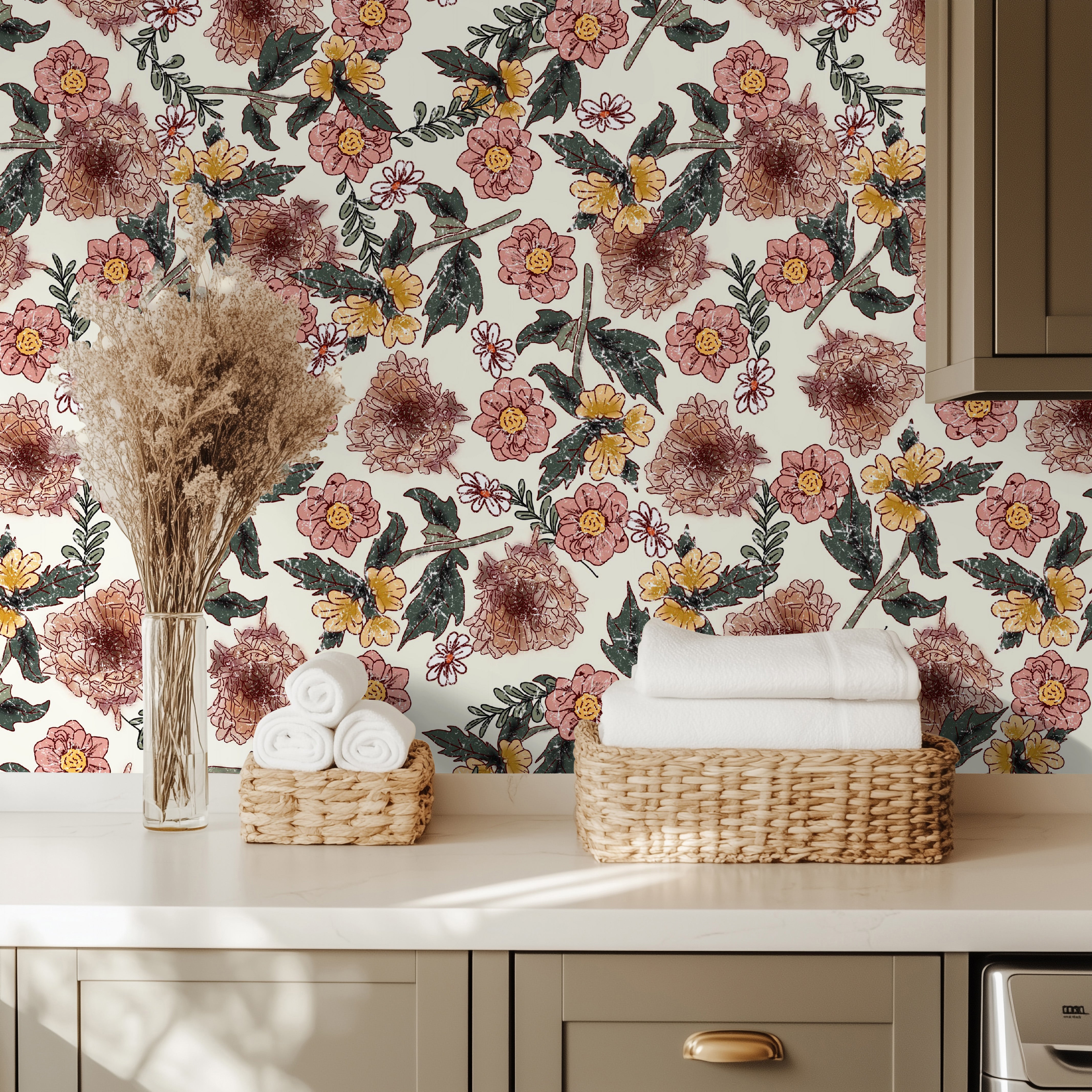 Rustic Romance | Pink Floral Removable Wallpaper for Kitchen, Bedroom, Doors, Walls, DIY Home Decor 1904 - James And Colors