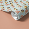 Contact paper 1906 of big black and yellow bumblebees with pink hives on a light blue background.