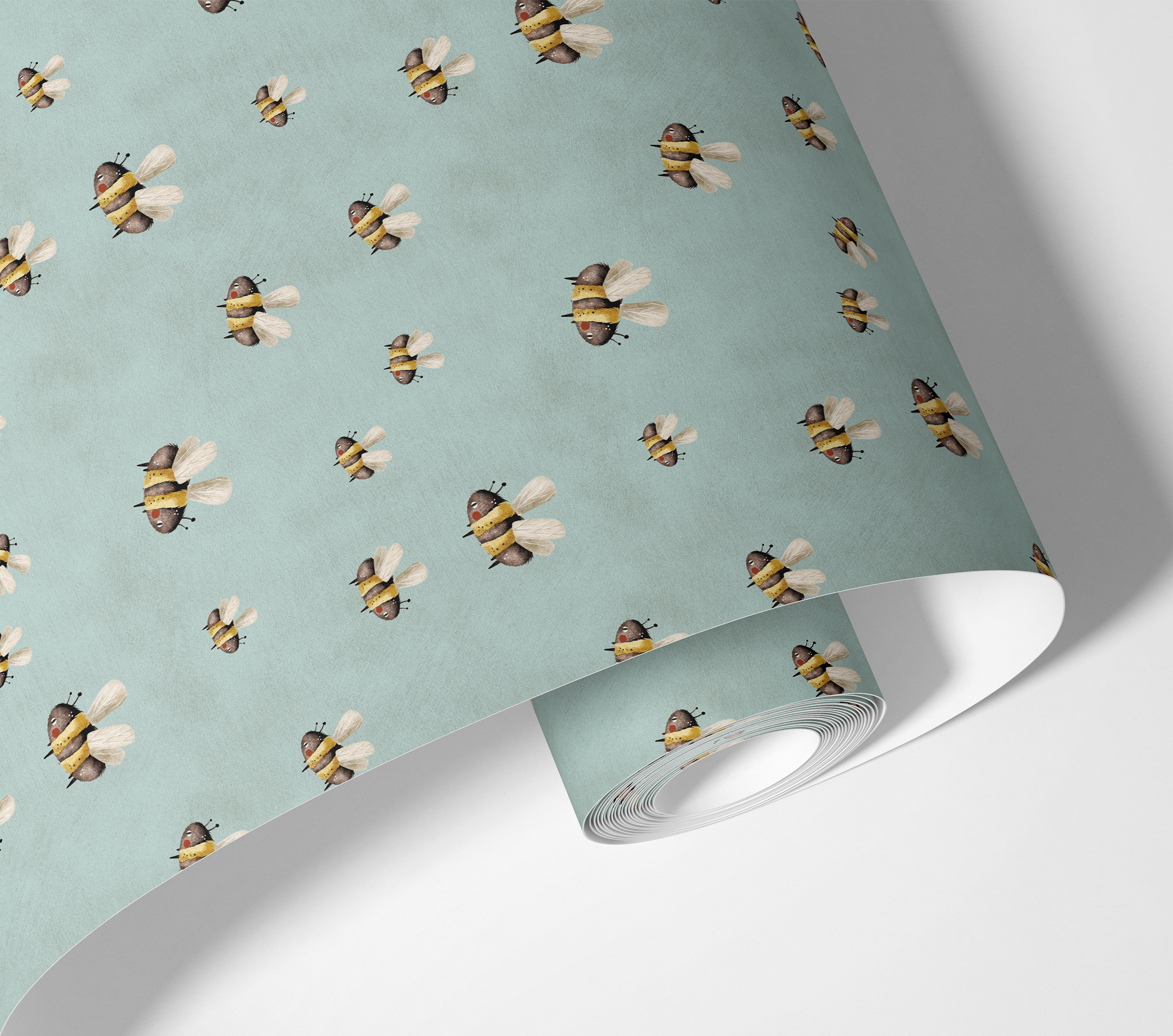 Contact paper 1907 of tiny black and yellow bumblebees on a light green background.