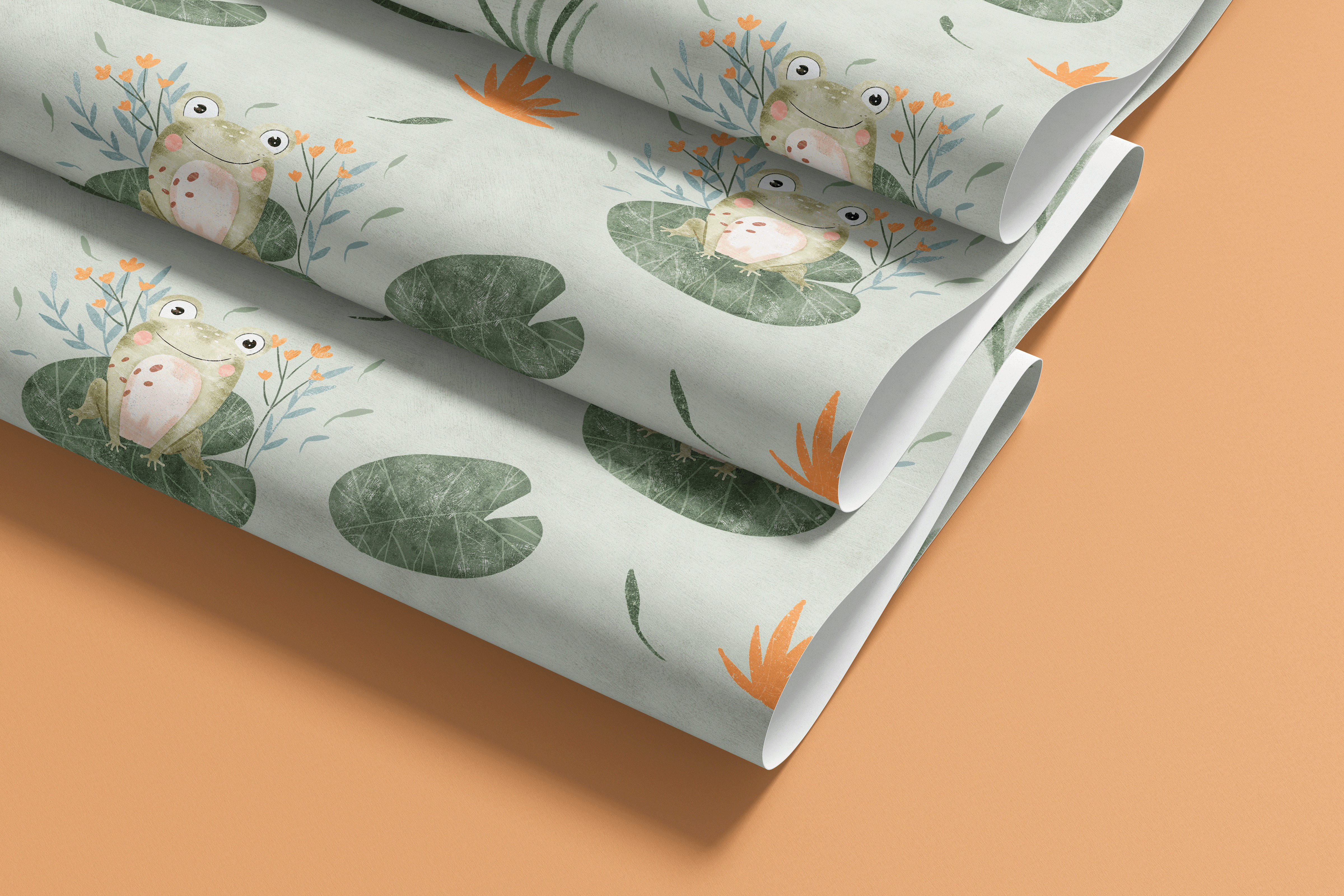 Contact Paper 1908 of green frogs on green lily pads on a light blue background.