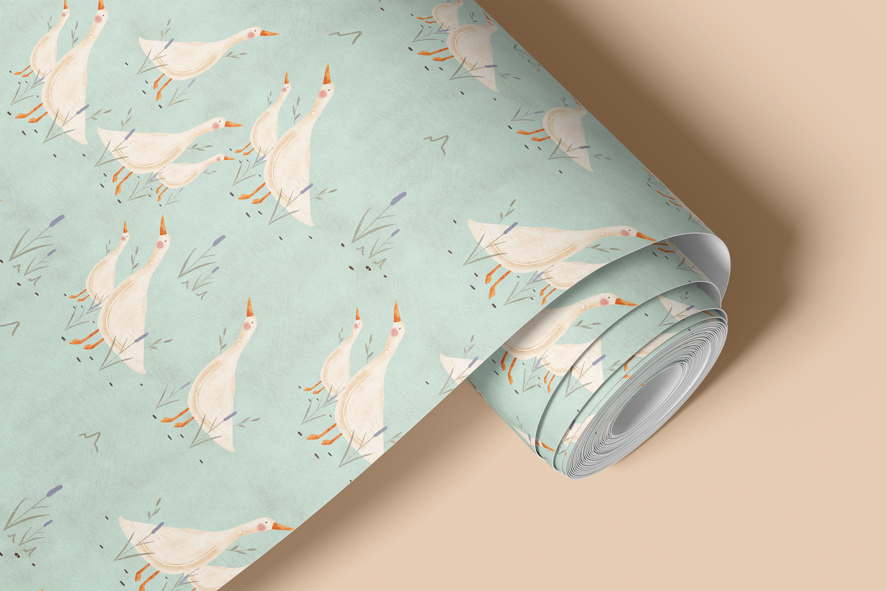 Contact paper 1909 of white geese surrounded by cattail plants on a light blue background.