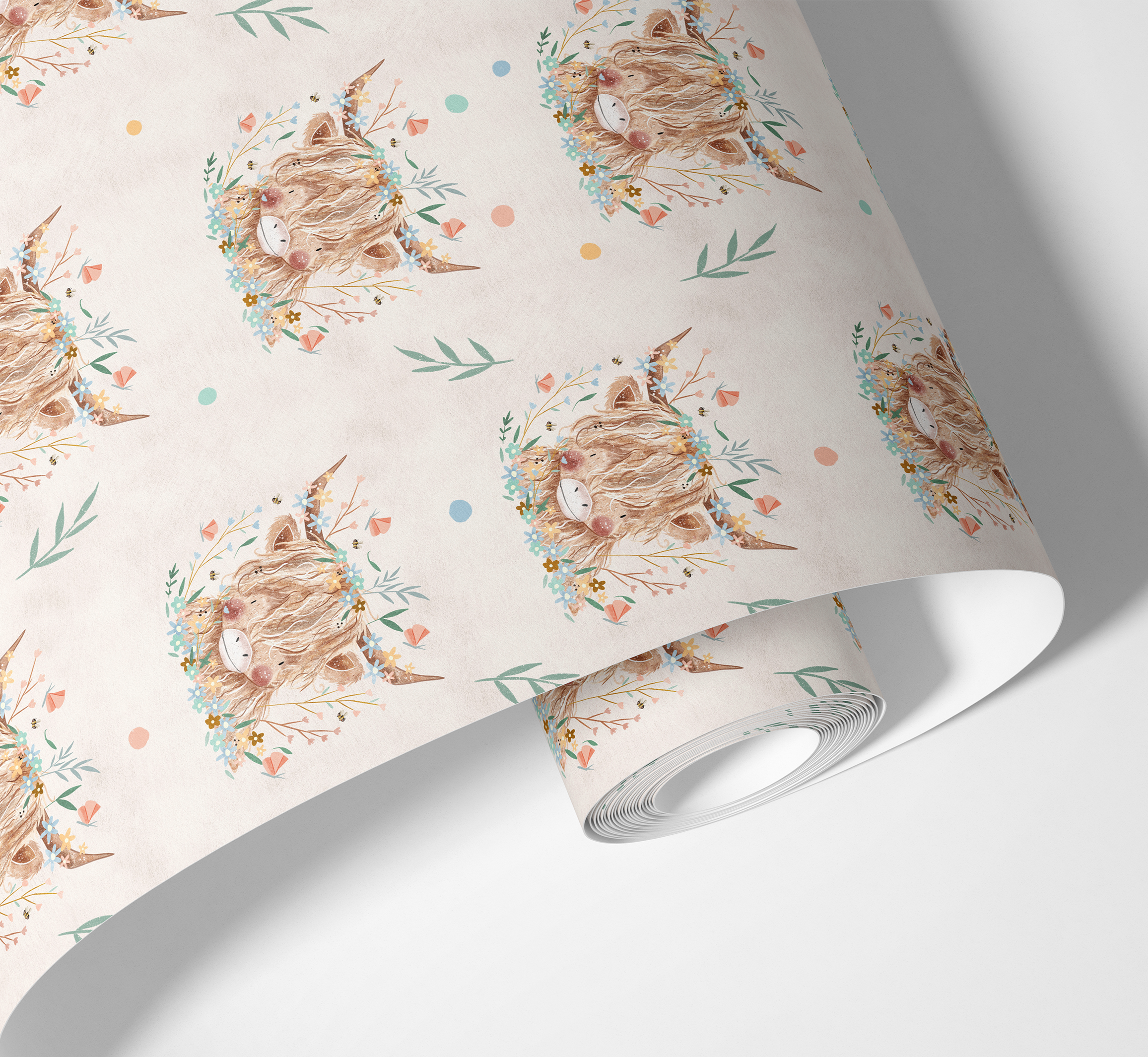 Highland Cow Charm | Muted Floral Removable Contact Paper for Shelves, Cabinets, Walls, DIY Home Decor 1910