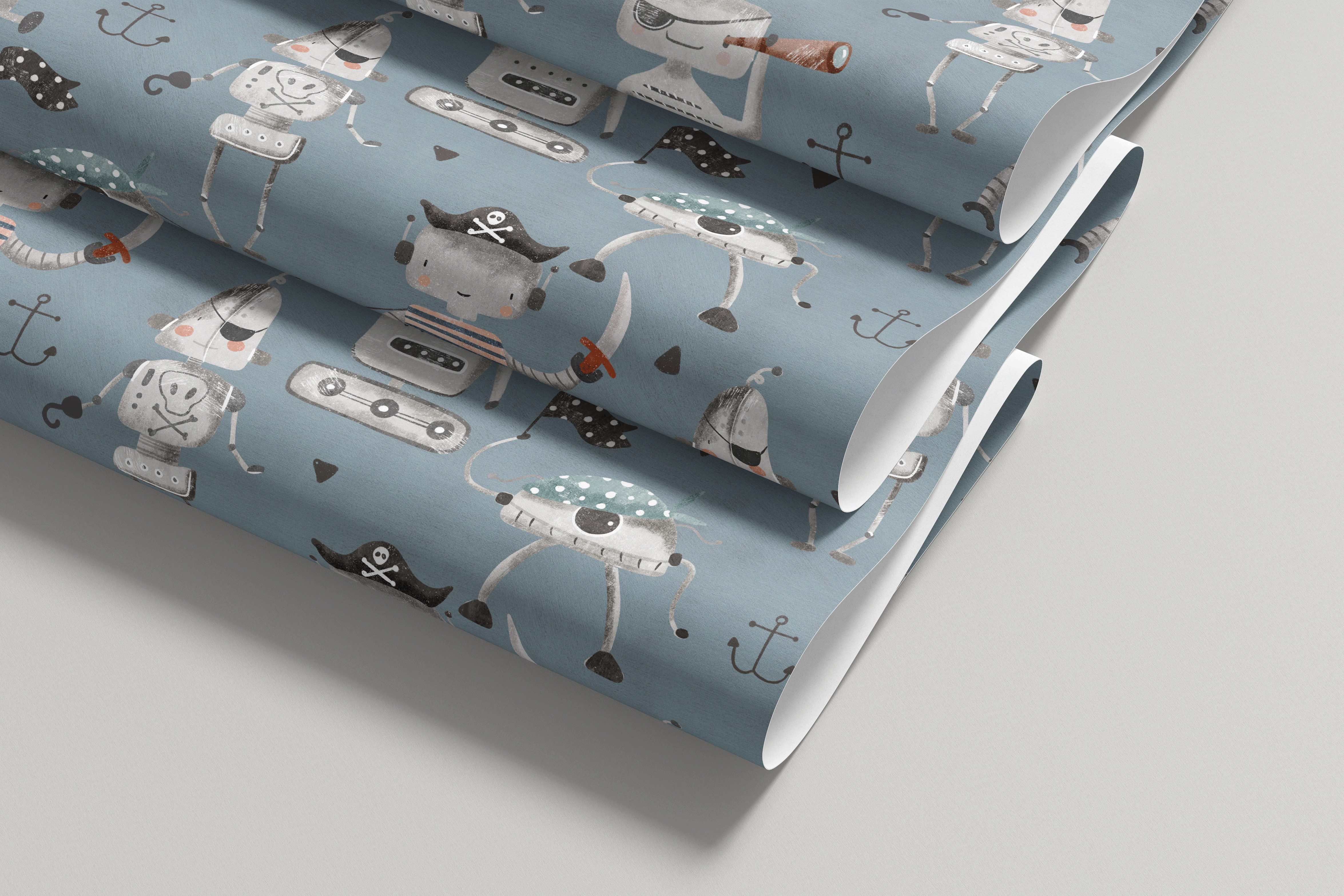 Contact Paper 1911 of different shark species that look like robots dressed as pirates on a gray background.