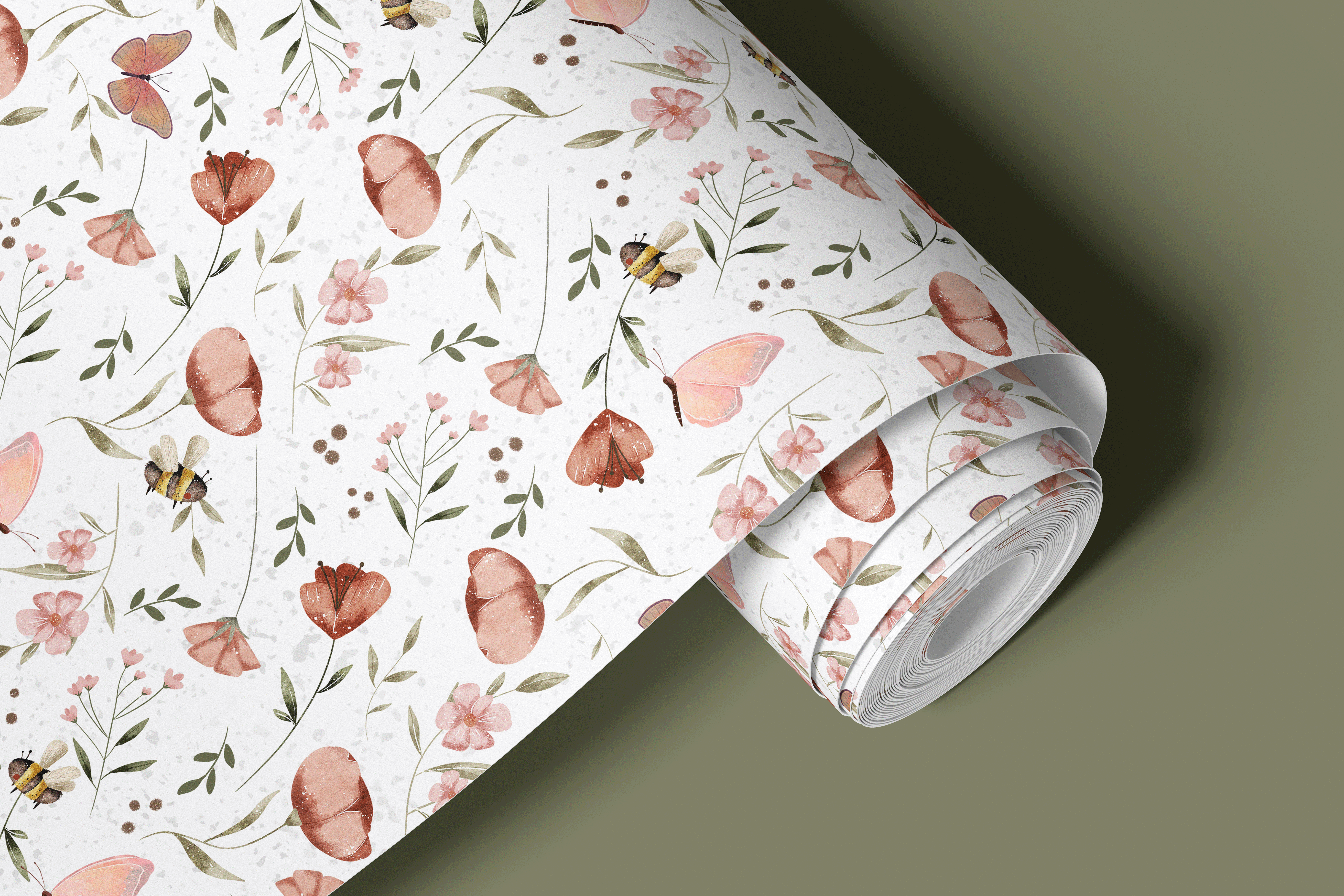 Contact Paper 1912 of pink pressed flowers with bees and butterflies on a white background.