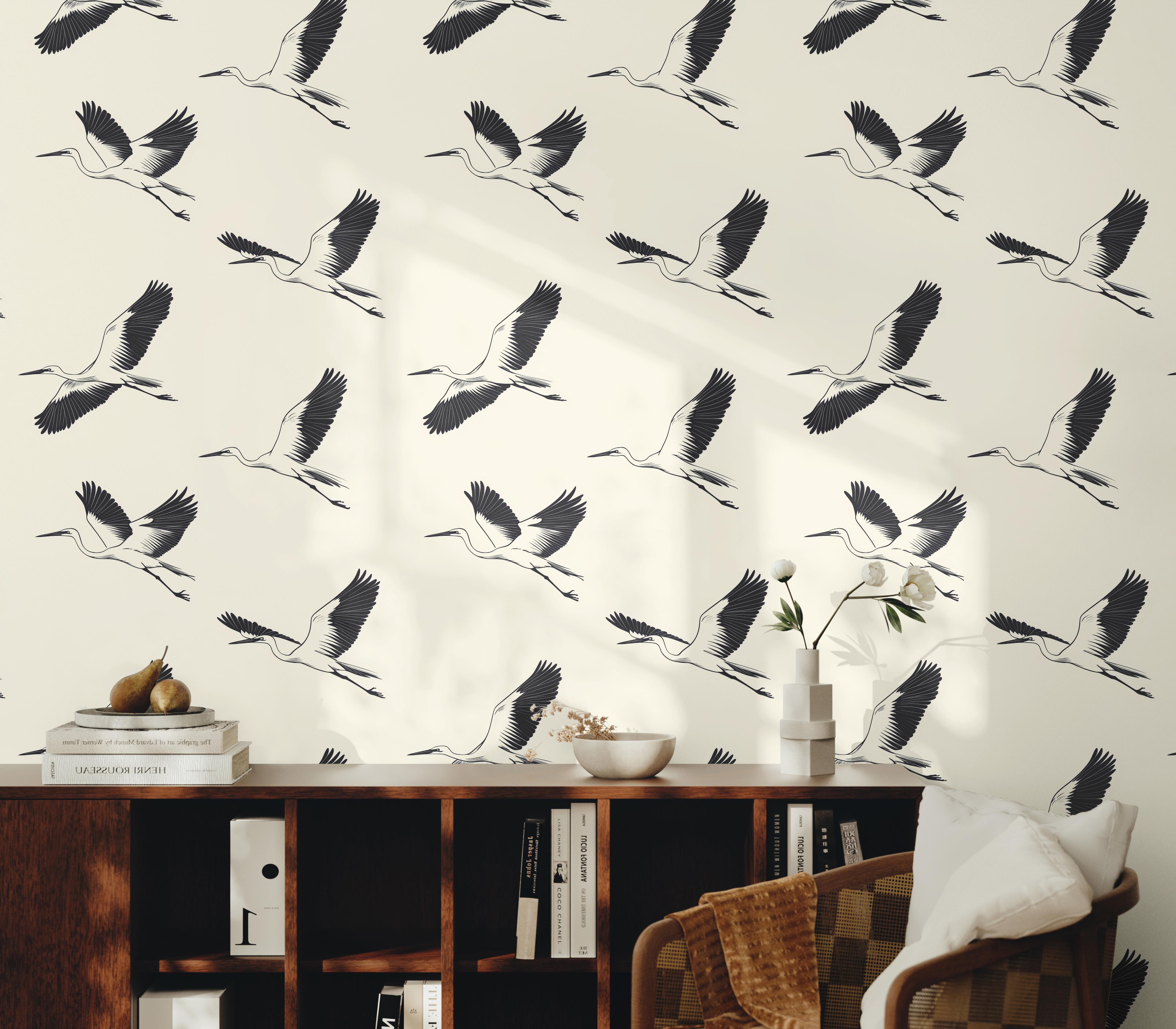 Wallpaper 1913: Minimalist black and white wallpaper featuring elegant storks in flight, creating a timeless and sophisticated wall décor style.