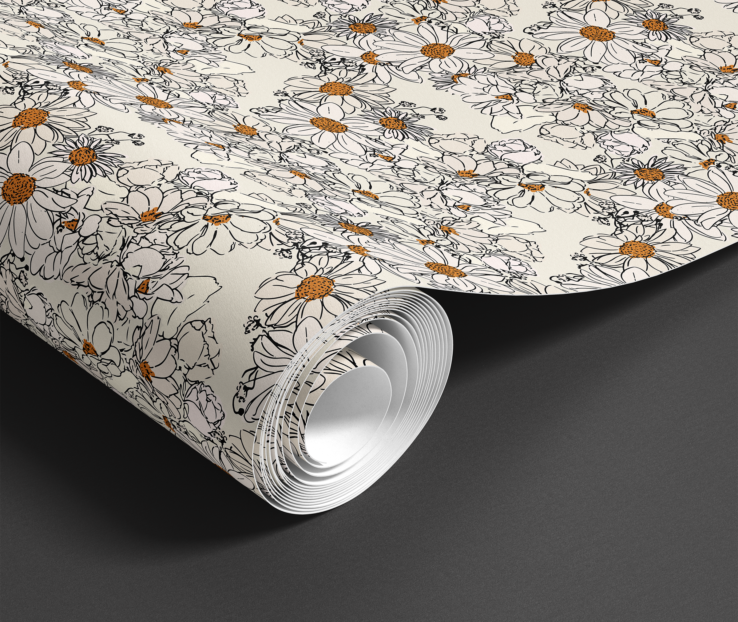 Contact paper of small white daisies with yellow centers on a white background.
