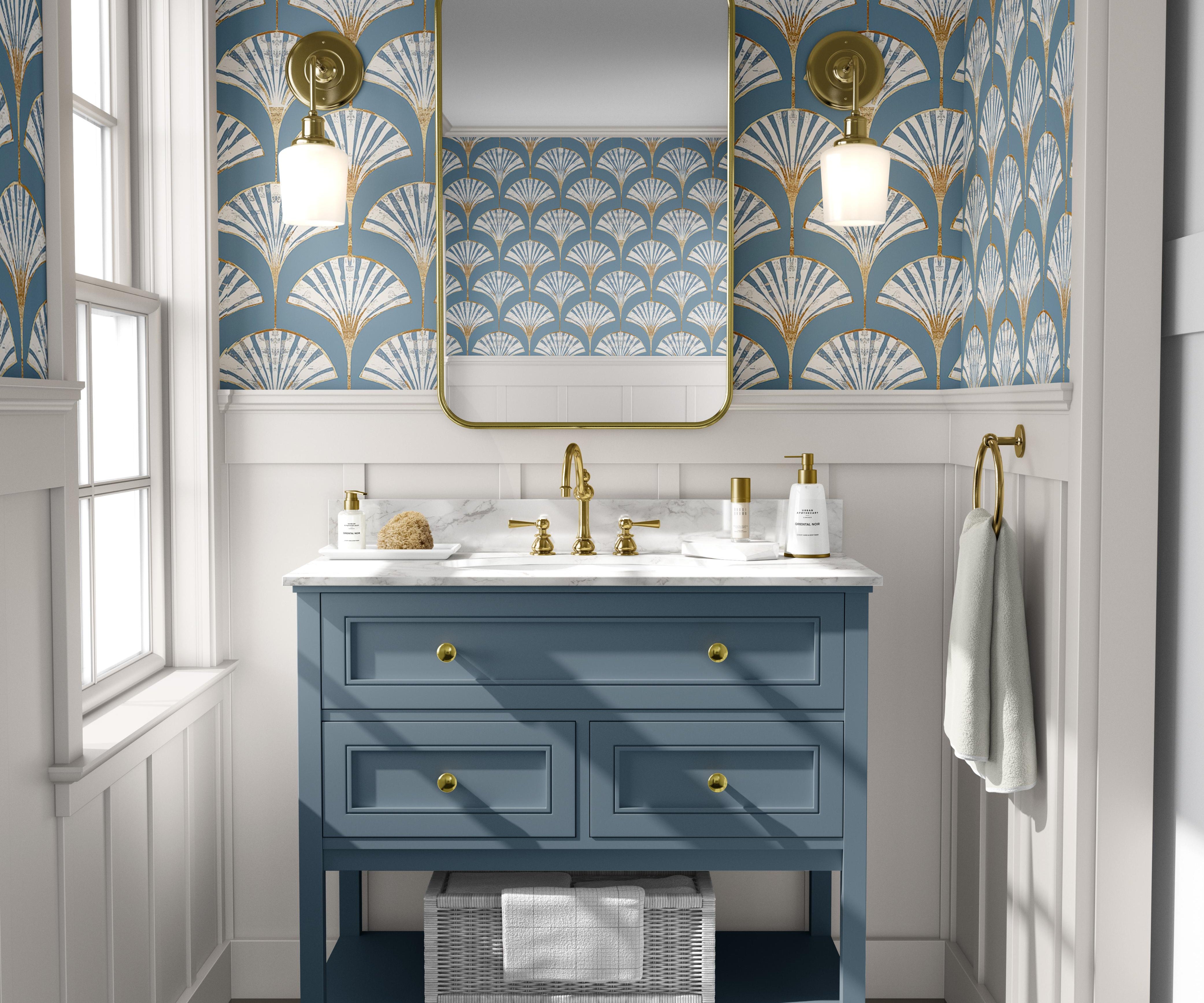 Wallpaper 1914: A luxurious bathroom featuring Art Deco fan-patterned wallpaper in blue and gold, with an elegant vintage vanity and gold accents.
