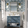 Wallpaper 1914: A luxurious bathroom featuring Art Deco fan-patterned wallpaper in blue and gold, with an elegant vintage vanity and gold accents.