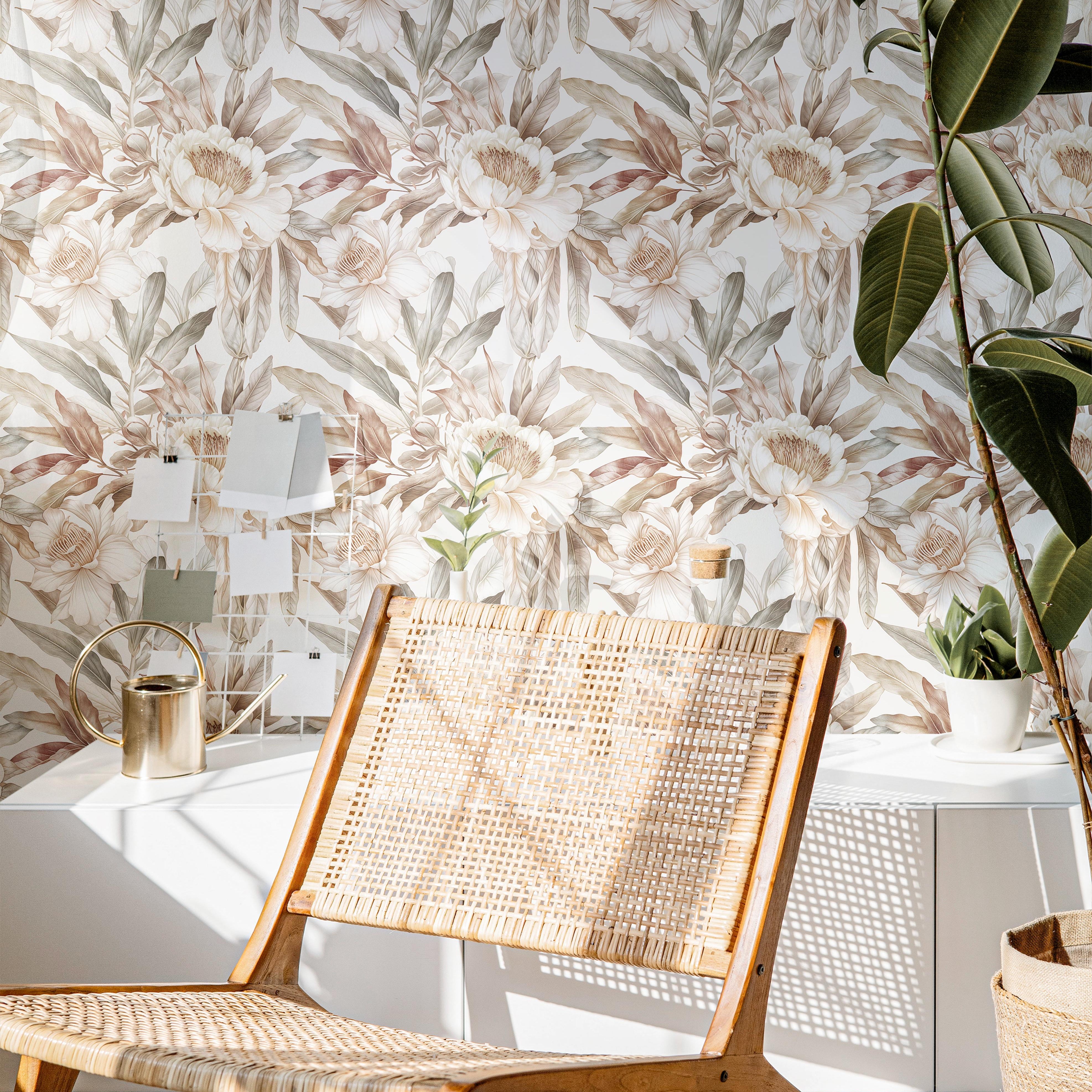Wallpaper 1915: A bright and airy interior featuring soft-toned floral botanical wallpaper with a woven rattan chair and natural light streaming in.