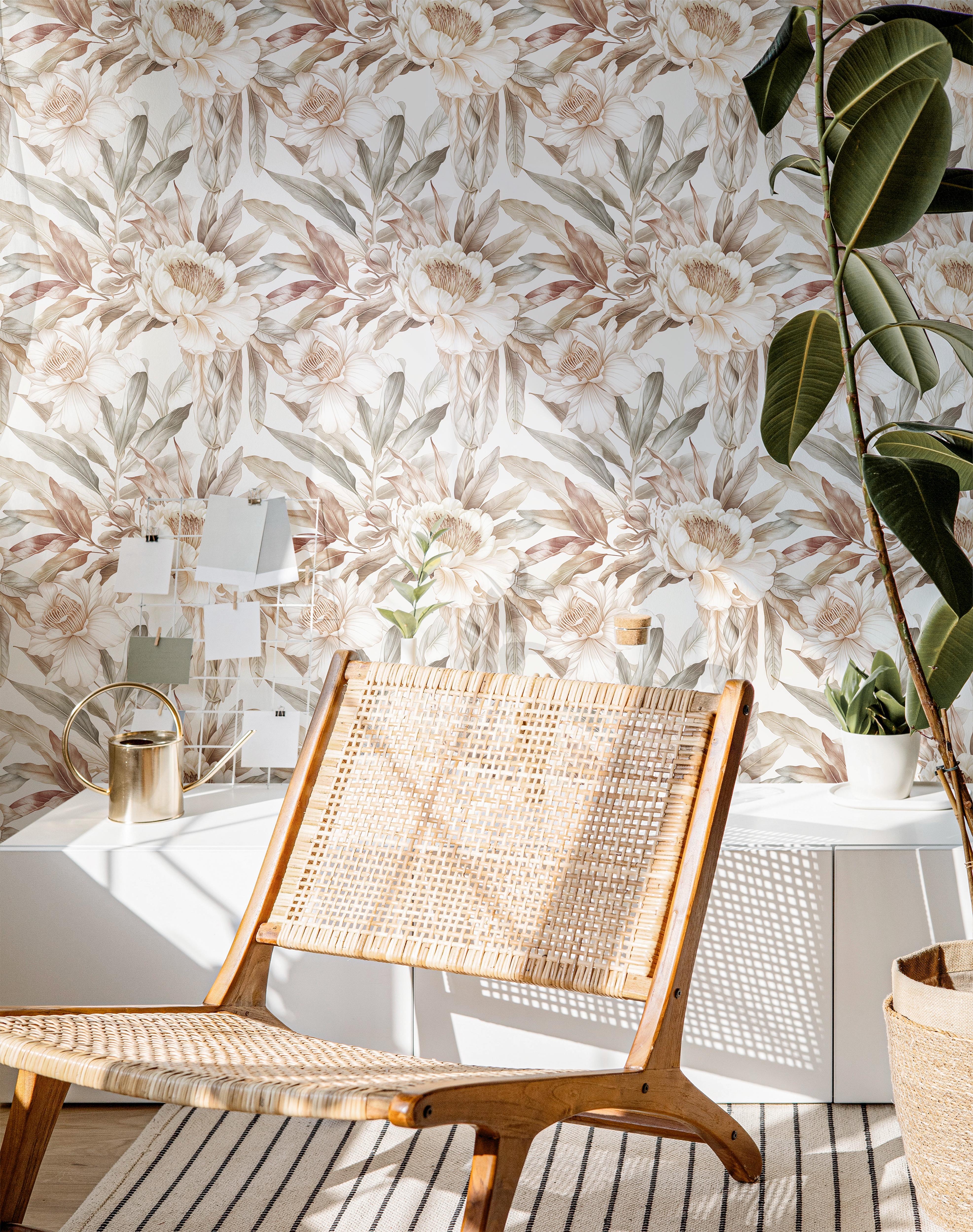 Wallpaper 1915: A bright and airy interior featuring soft-toned floral botanical wallpaper with a woven rattan chair and natural light streaming in.