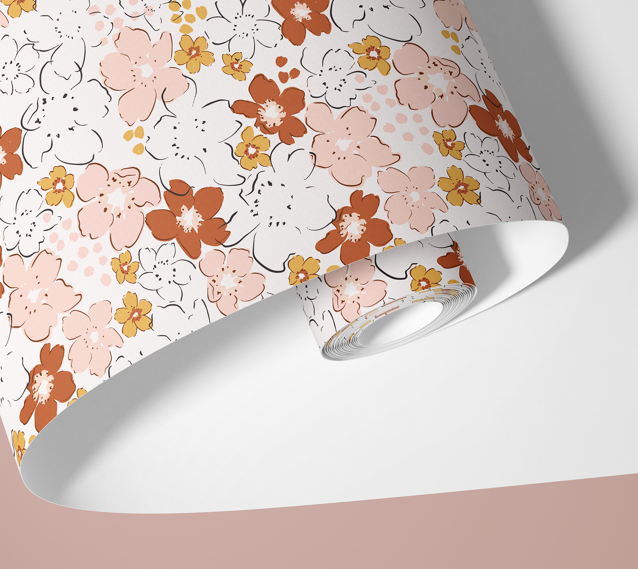 Contact Paper 1916: a roll of contact paper featuring pink, red, white, and yellow flowers on a white background.