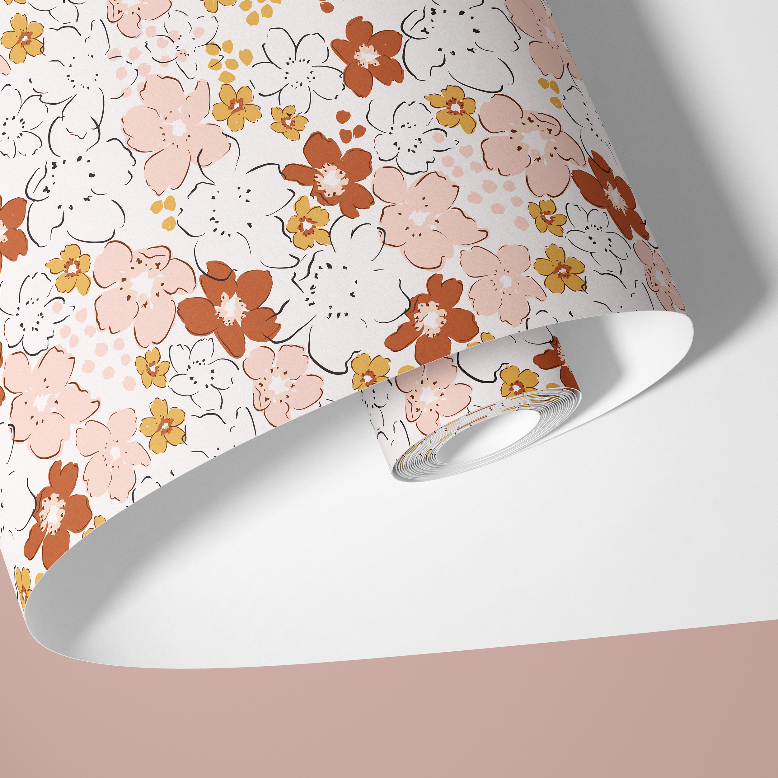 Contact Paper 1916: a roll of contact paper featuring pink, red, white, and yellow flowers on a white background.