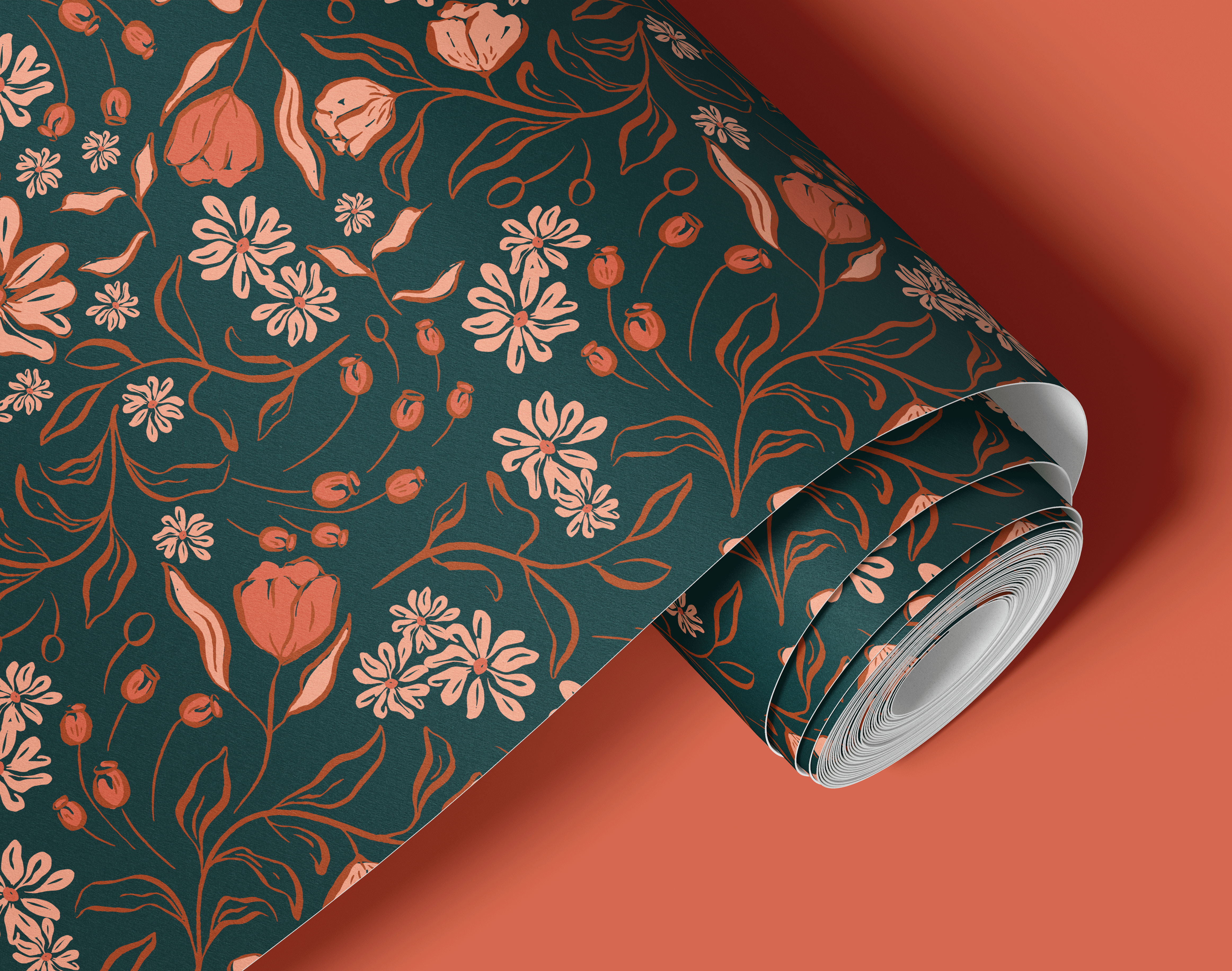 Contact paper 1917: A roll of deep green contact paper featuring hand-painted rust and blush tulips, white wildflowers, and botanical vines, creating a moody yet elegant floral aesthetic.