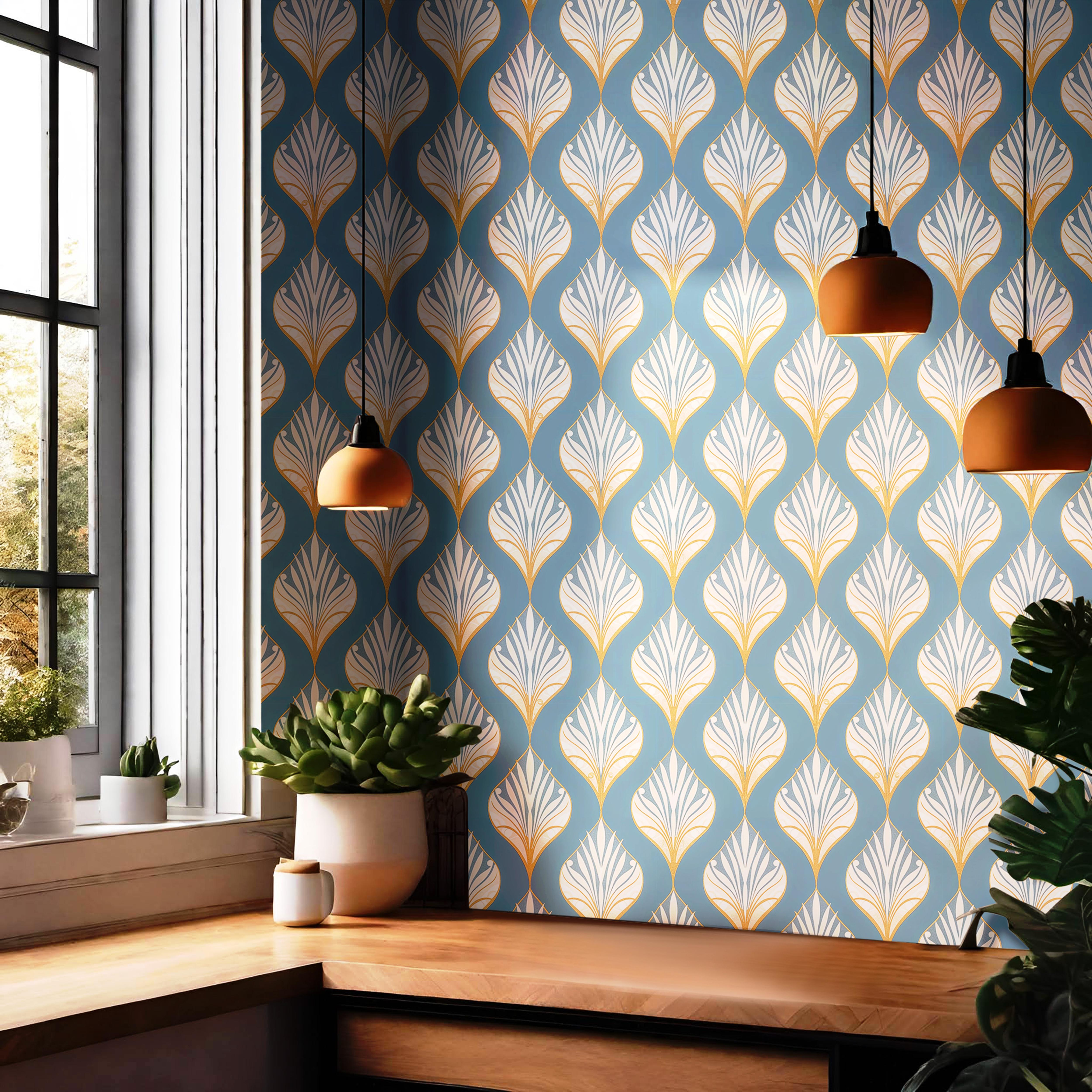 Wallpaper 1917: A sophisticated Art Deco-inspired wallpaper featuring a geometric fan-shaped pattern in rich blue, gold, and white tones. The bold, vintage-style design adds a luxurious, retro-glam look to walls, furniture, or accent pieces.