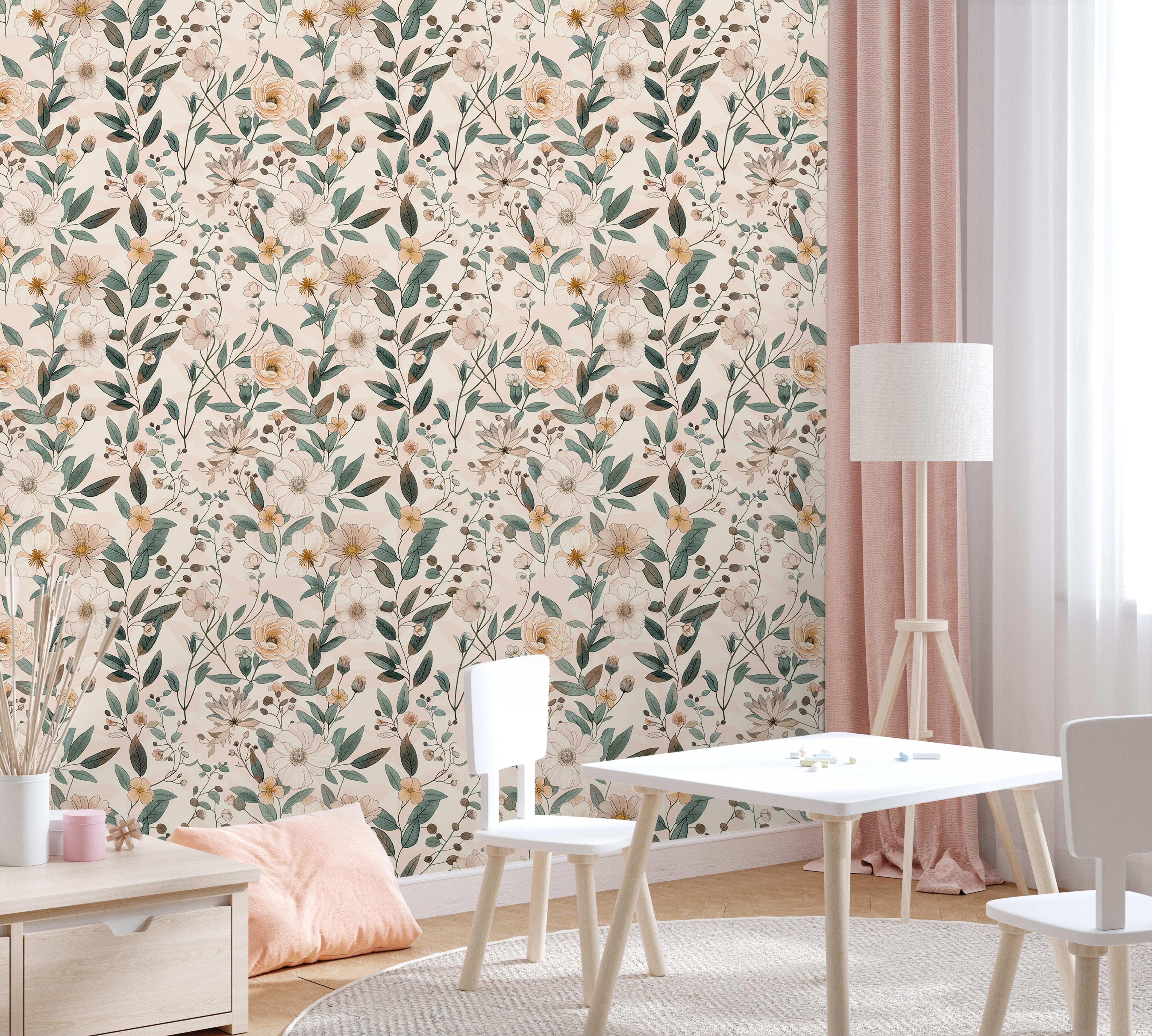 Wallpaper 191: Neutral floral wallpaper featuring vertical rows of blush, cream, and yellow flowers with green leaves in a children’s playroom, styled with white furniture and soft pink curtains.