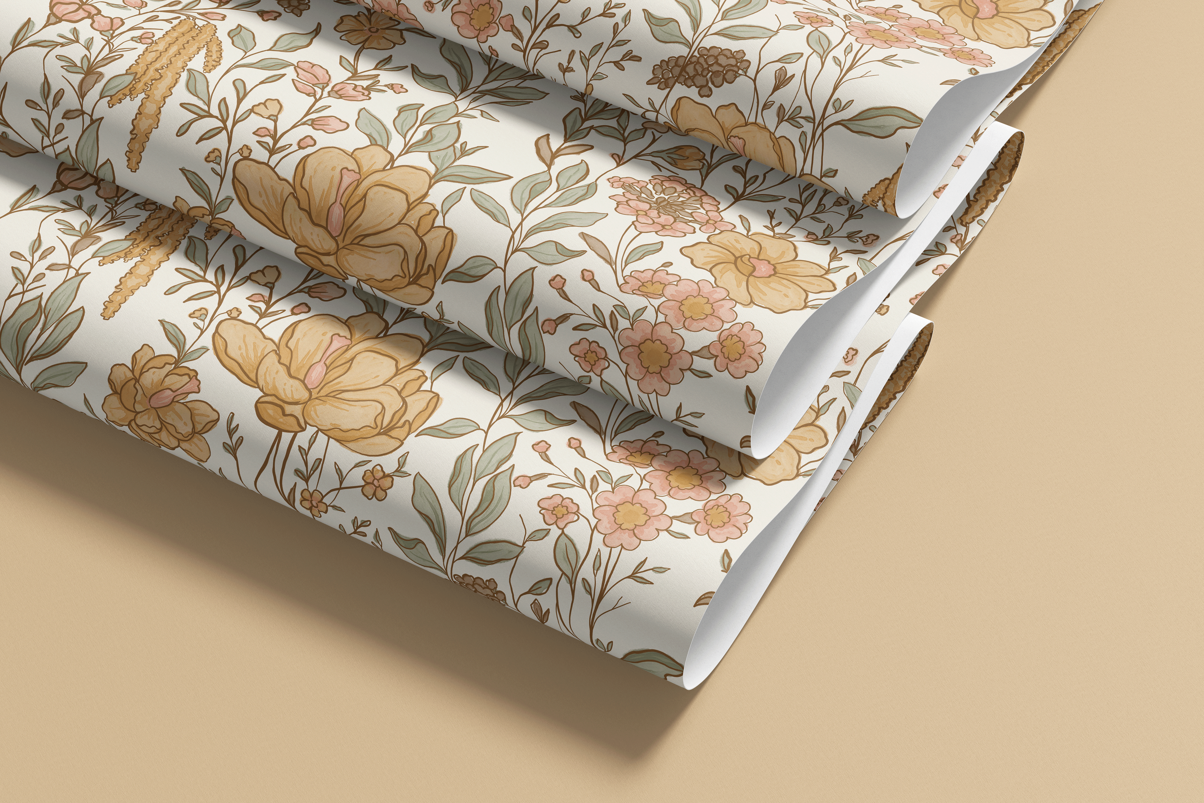 Contact Paper 1920 of yellow and pink wildflowers and green leaves on a white background.