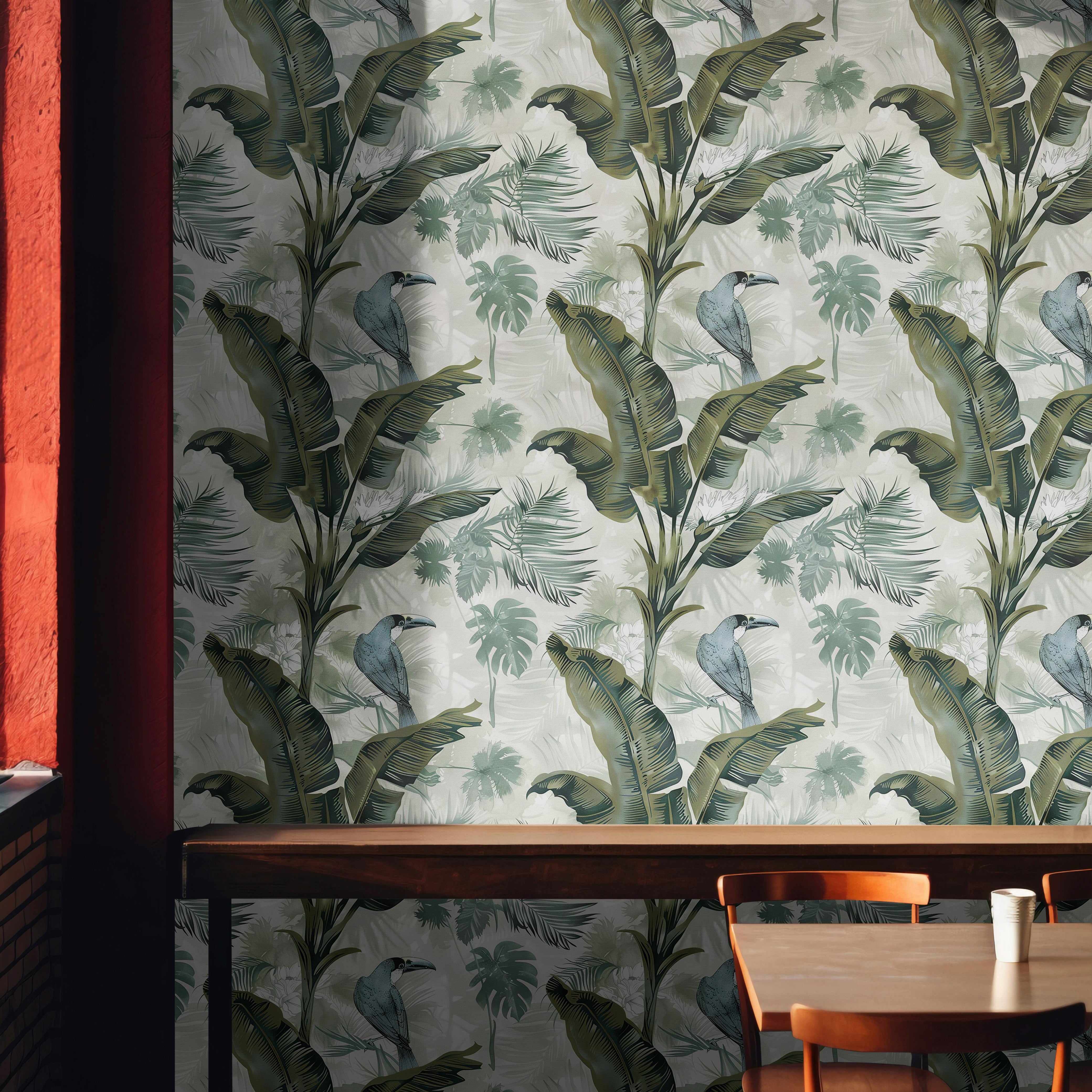 Wallpaper 1920: Tropical toucan wallpaper with banana leaves and palm fronds