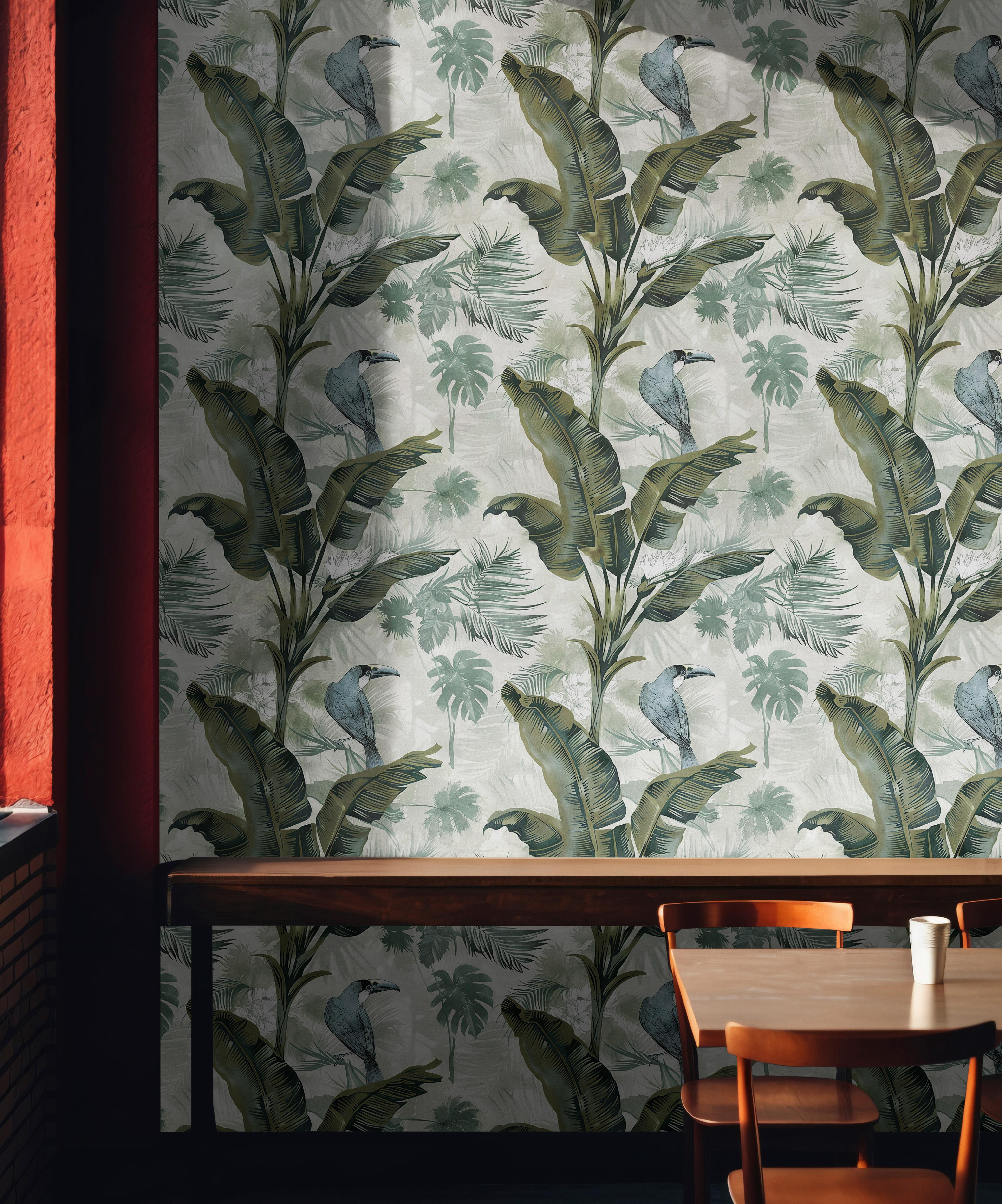 Wallpaper 1920: Tropical toucan wallpaper with banana leaves and palm fronds