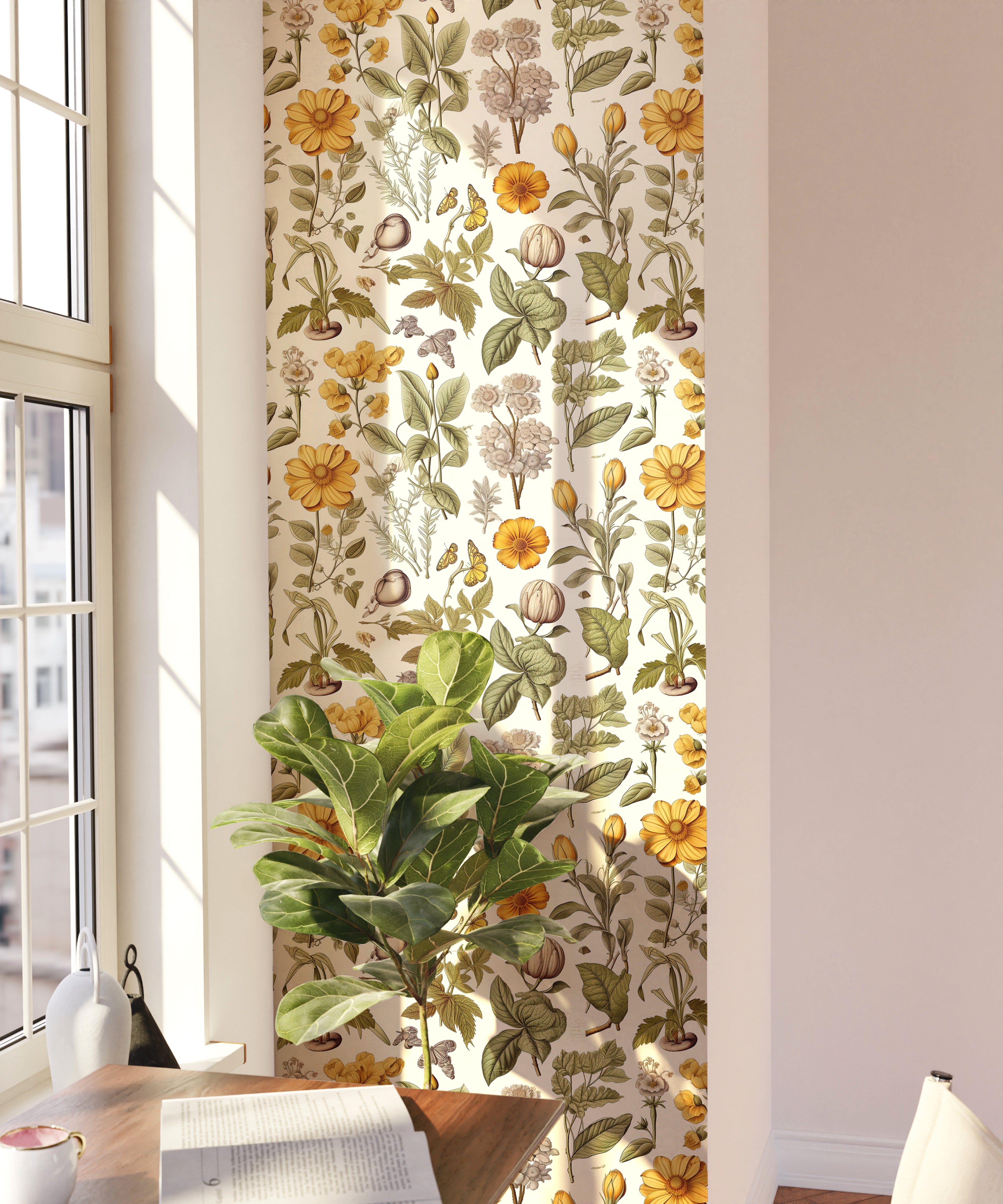 Wallpaper 1921: Vintage botanical wallpaper featuring hand-drawn yellow flowers, green leaves, and woodland details, creating a warm and rustic cottagecore aesthetic.
