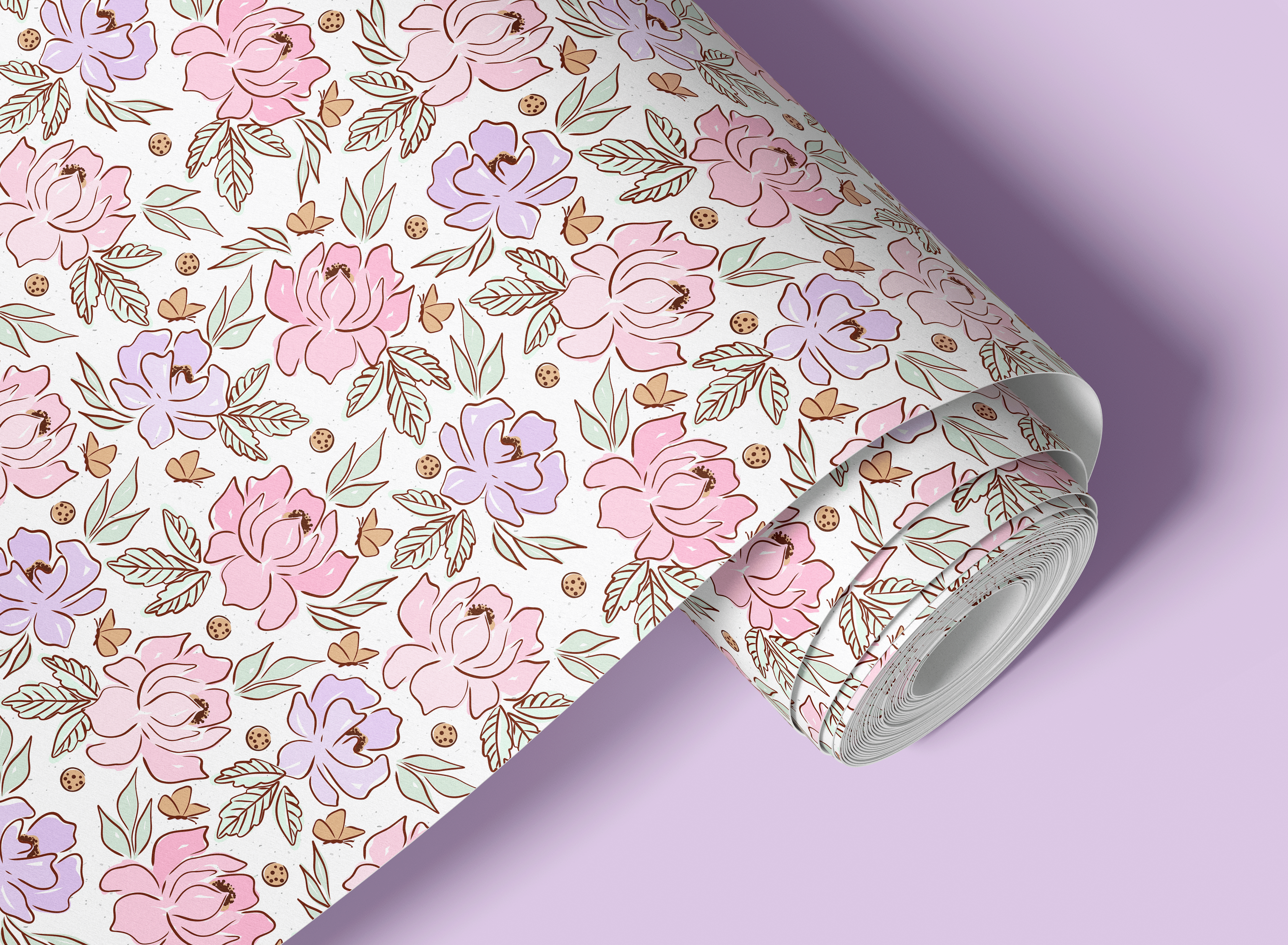 Contact paper 1922 of pink and purple floating flowers with leaves on a white background.