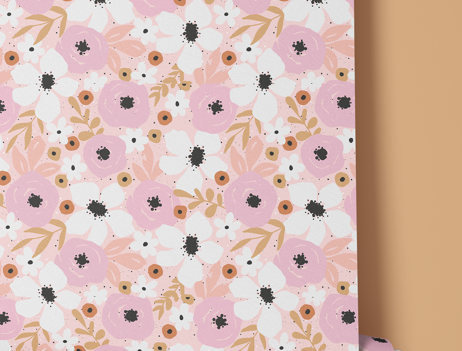 Contact paper1923 of pink and white flowers on a cream background.
