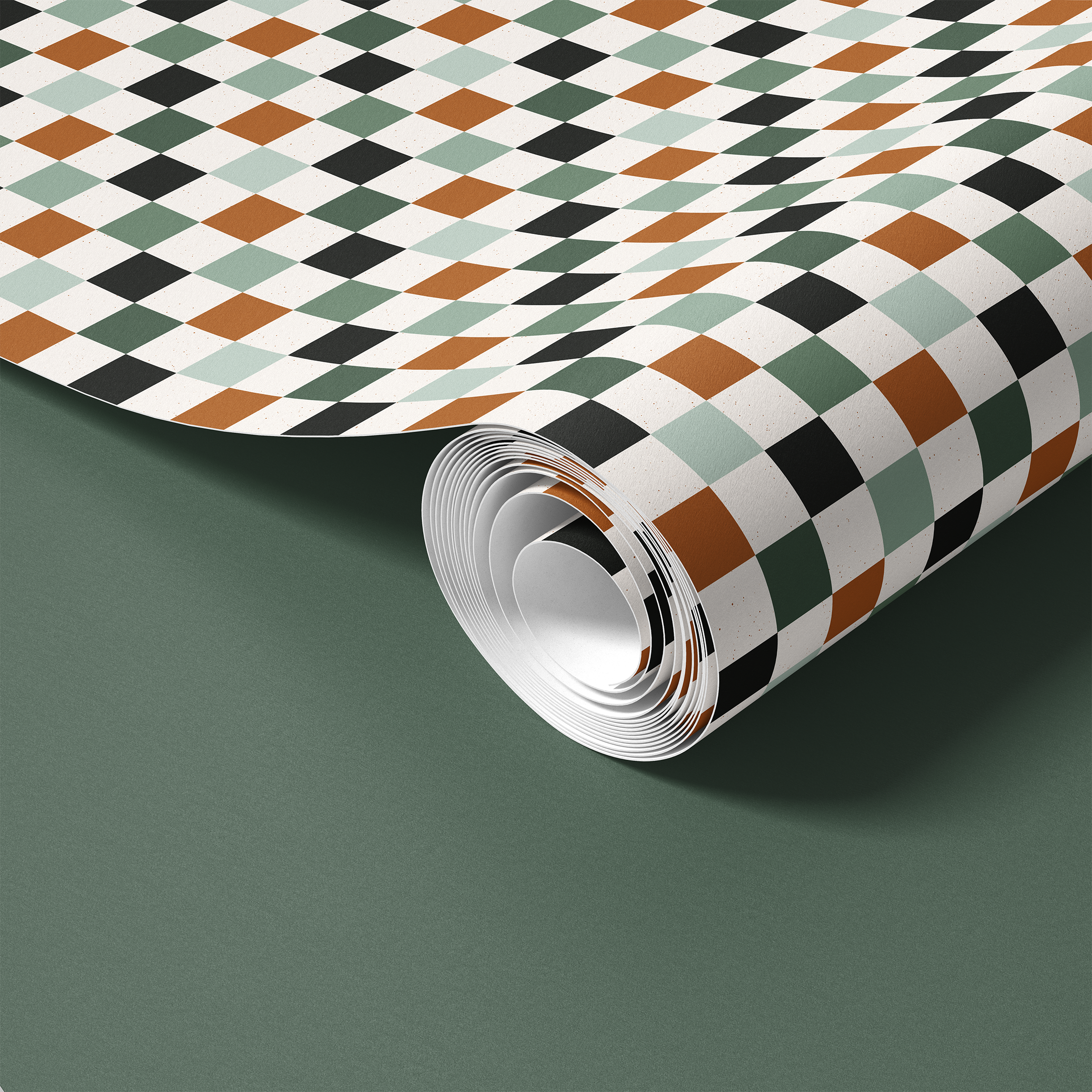 Contact paper 1924: Modern checkered contact paper featuring a geometric diamond pattern in earthy green, warm rust, black, and off-white, perfect for mid-century modern décor