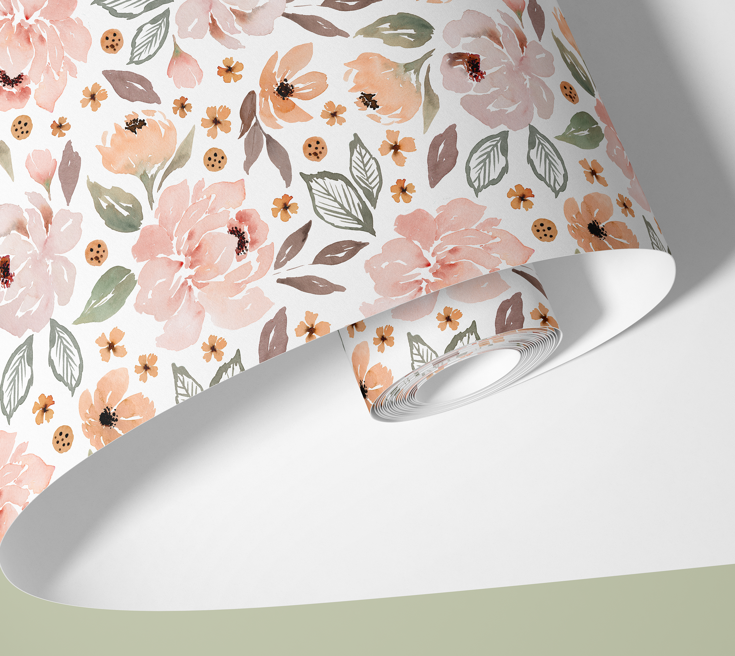 Contact paper 1926: A roll of blush and peach floral contact paper featuring hand-painted watercolor flowers and delicate leaves on a soft white background, creating a feminine and elegant aesthetic.