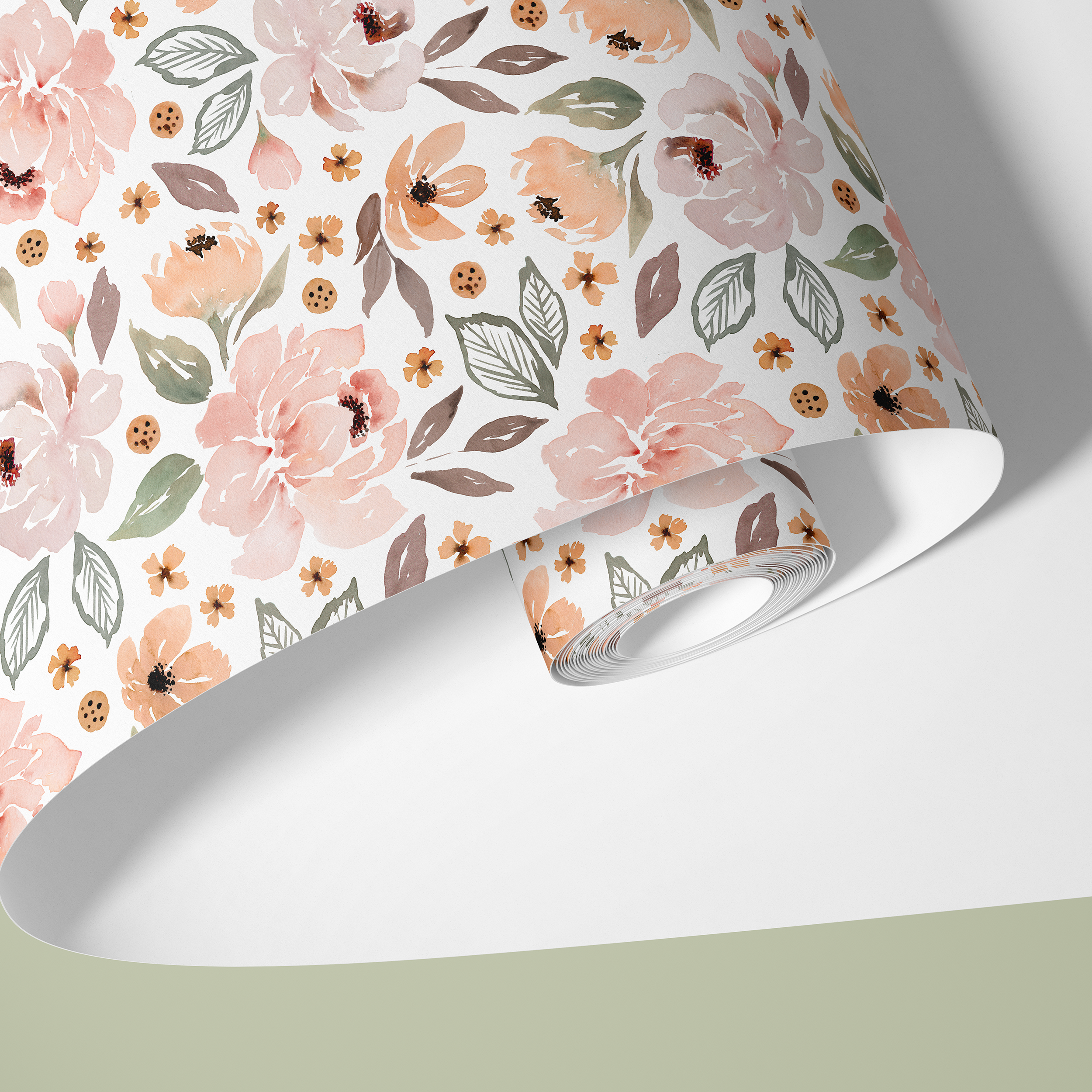 Contact paper 1926: A roll of blush and peach floral contact paper featuring hand-painted watercolor flowers and delicate leaves on a soft white background, creating a feminine and elegant aesthetic.