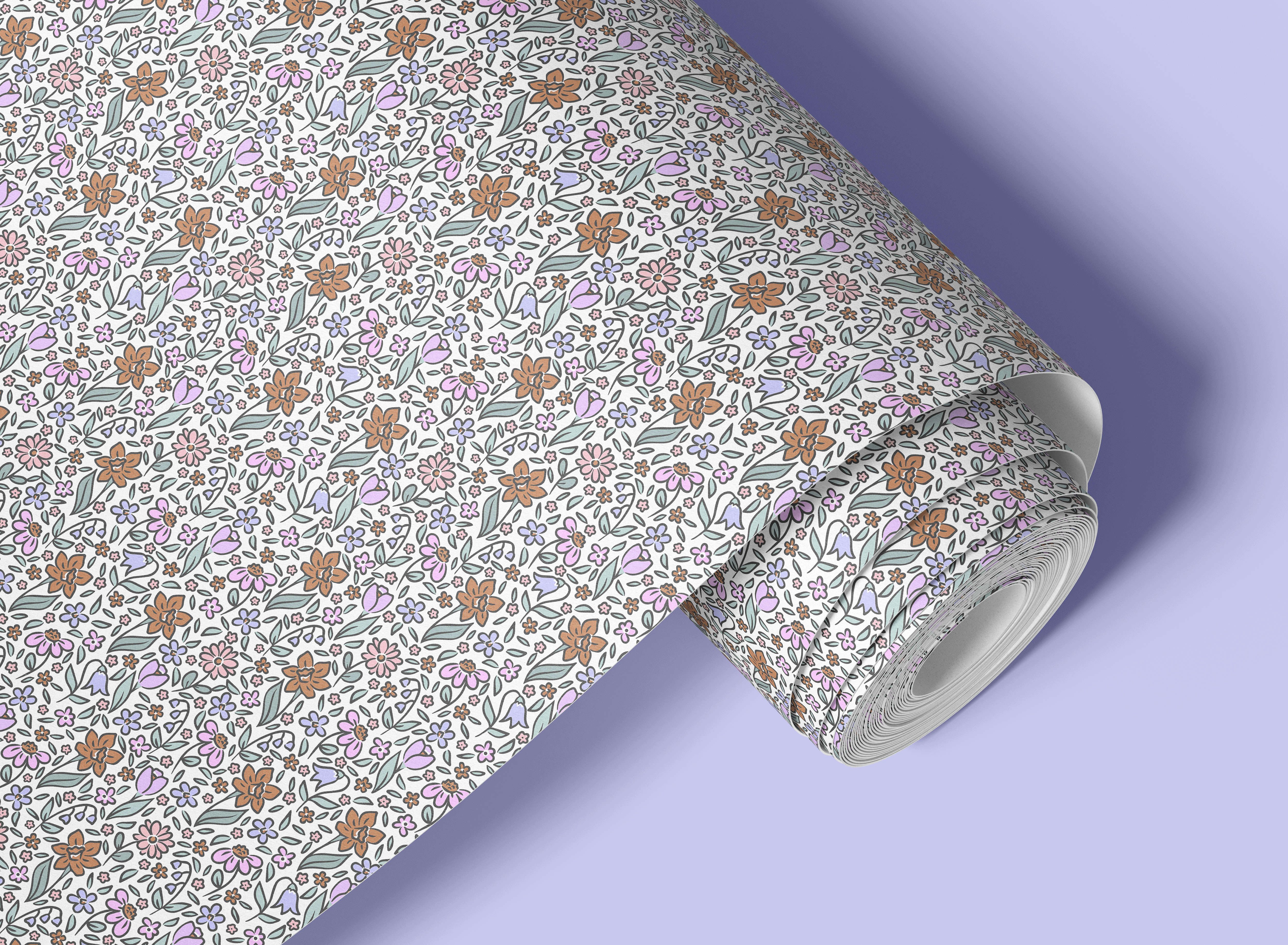 Contact Paper 1927: Dainty floral contact paper featuring a miniature wildflower pattern in soft pink, lavender, and burnt orange, ideal for vintage and cottagecore decor.