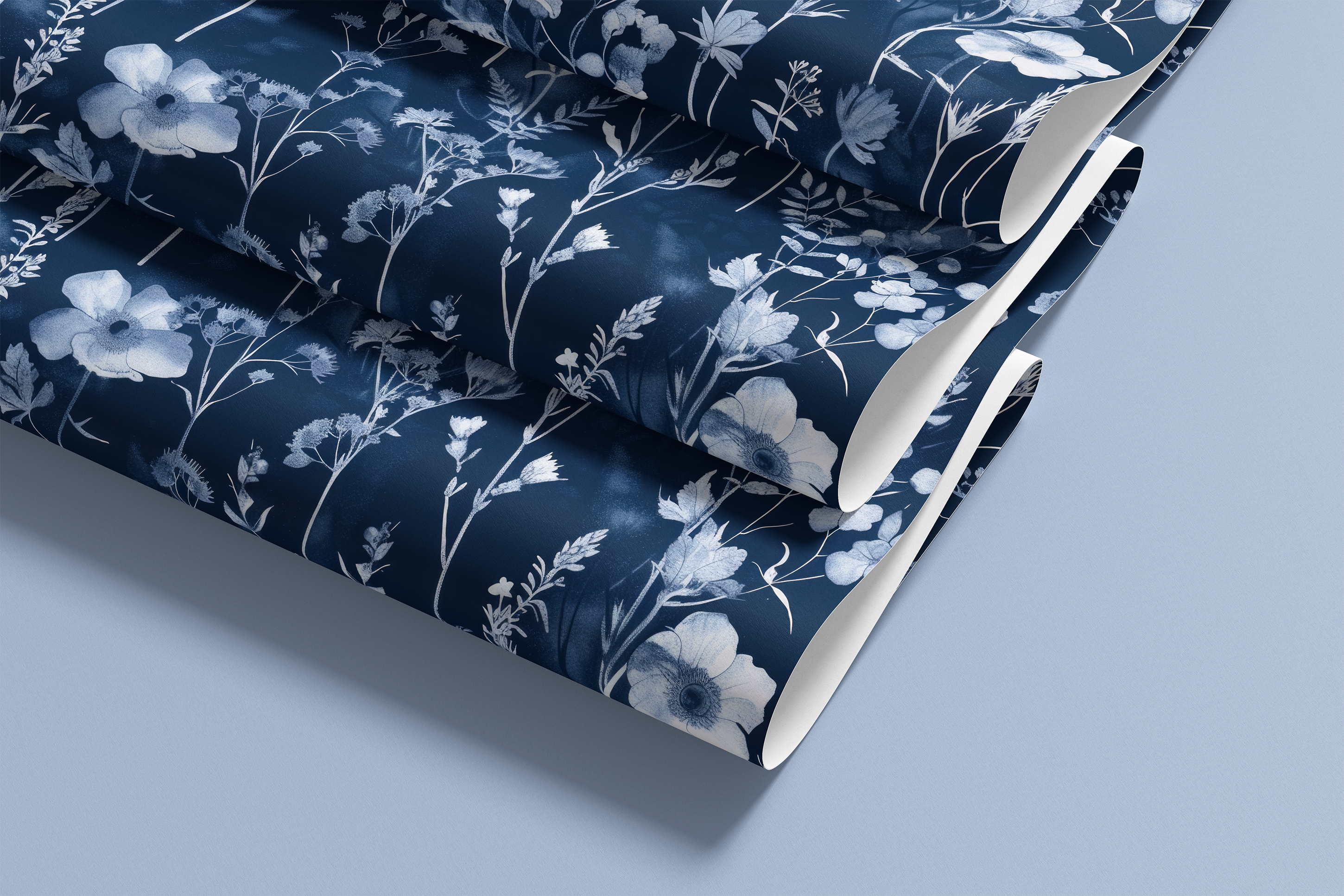 Contact Paper 1928: A deep navy blue floral paper with delicate white and light blue botanical illustrations, creating a vintage-inspired, elegant wallcovering perfect for DIY projects.