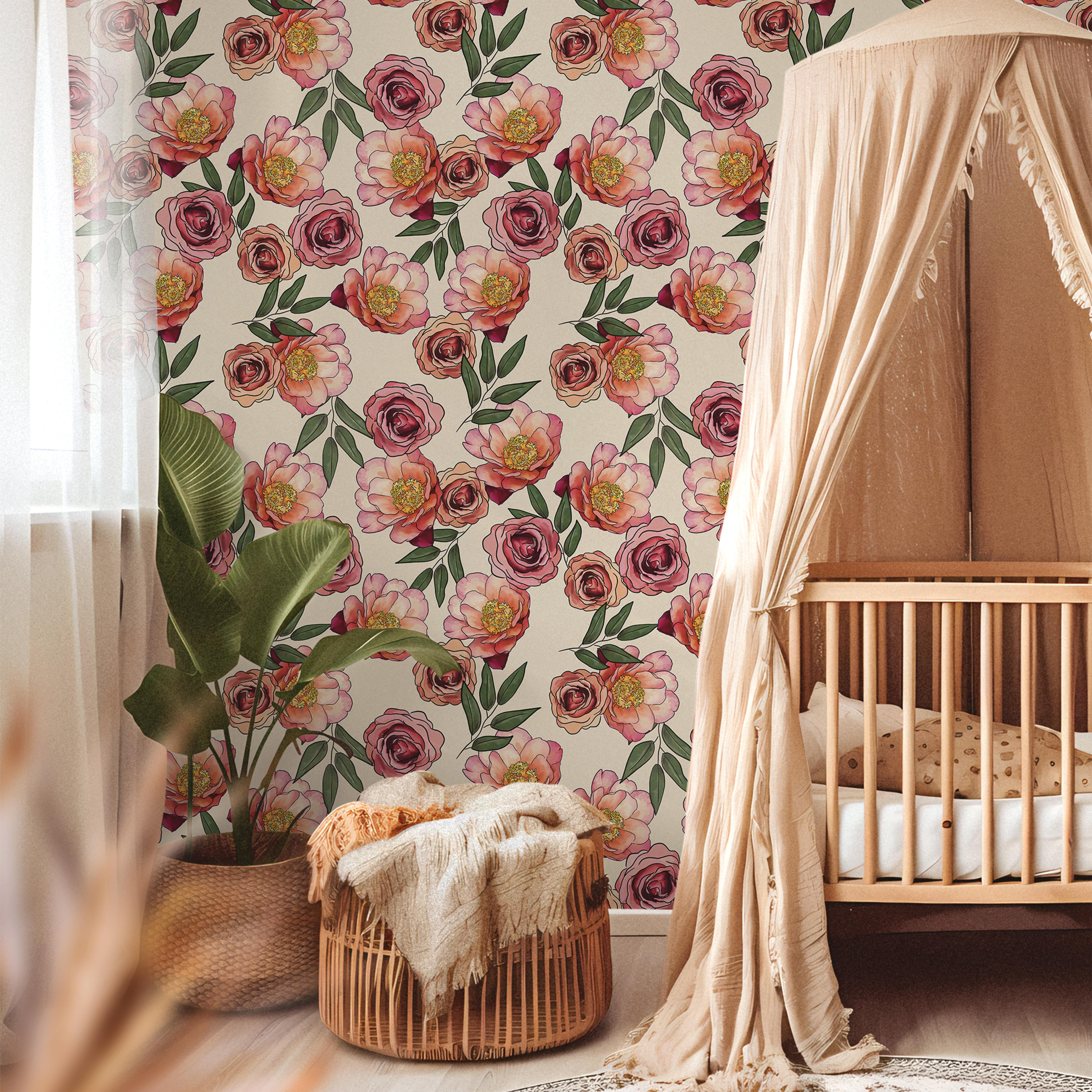 Wallpaper 1935: Wallpaper with watercolor-style pink and blush roses and peonies layered over leafy green vines on a light cream background, styled in a nursery with a wooden crib and soft canopy.