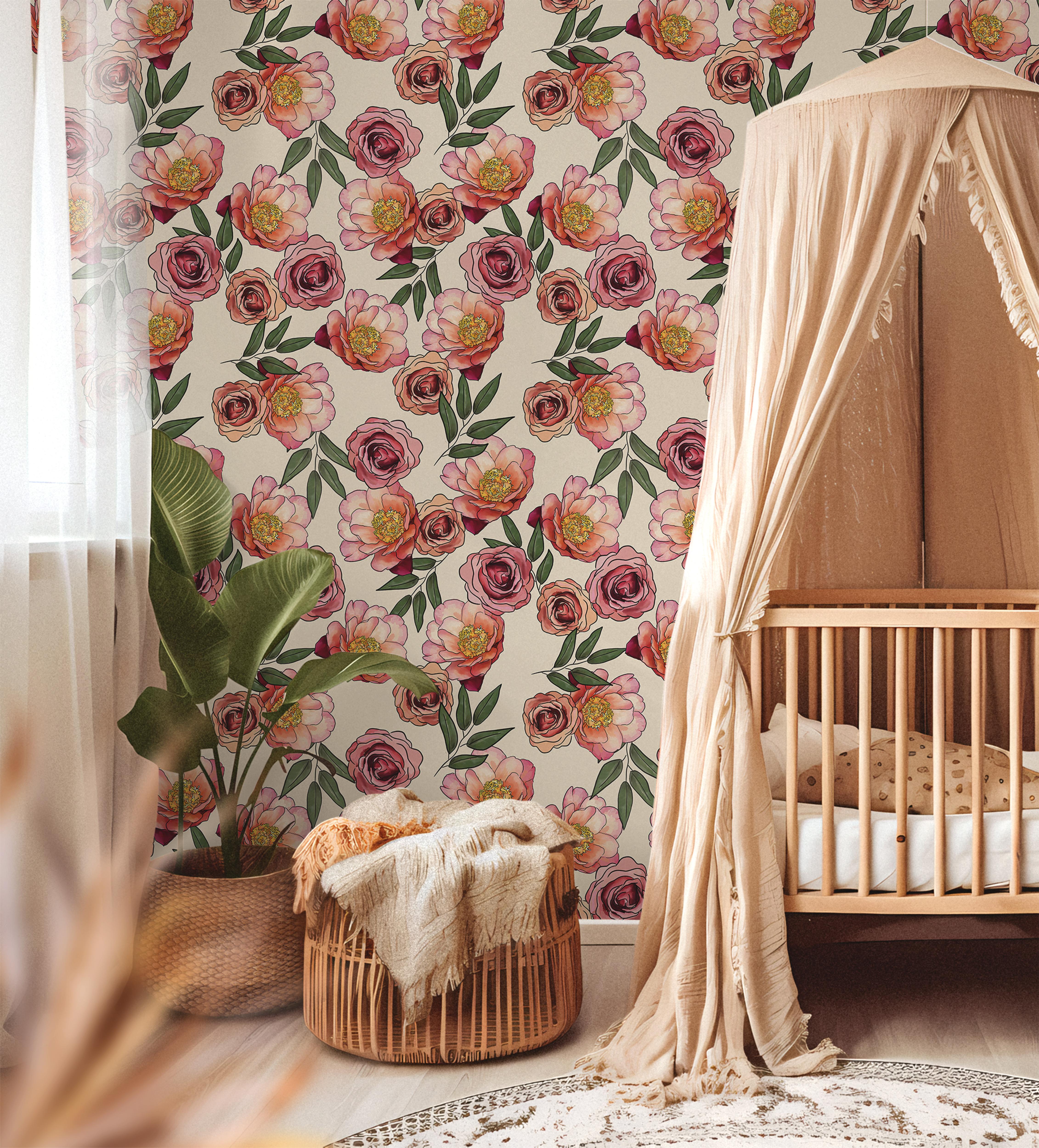 Wallpaper 1935: Wallpaper with watercolor-style pink and blush roses and peonies layered over leafy green vines on a light cream background, styled in a nursery with a wooden crib and soft canopy.